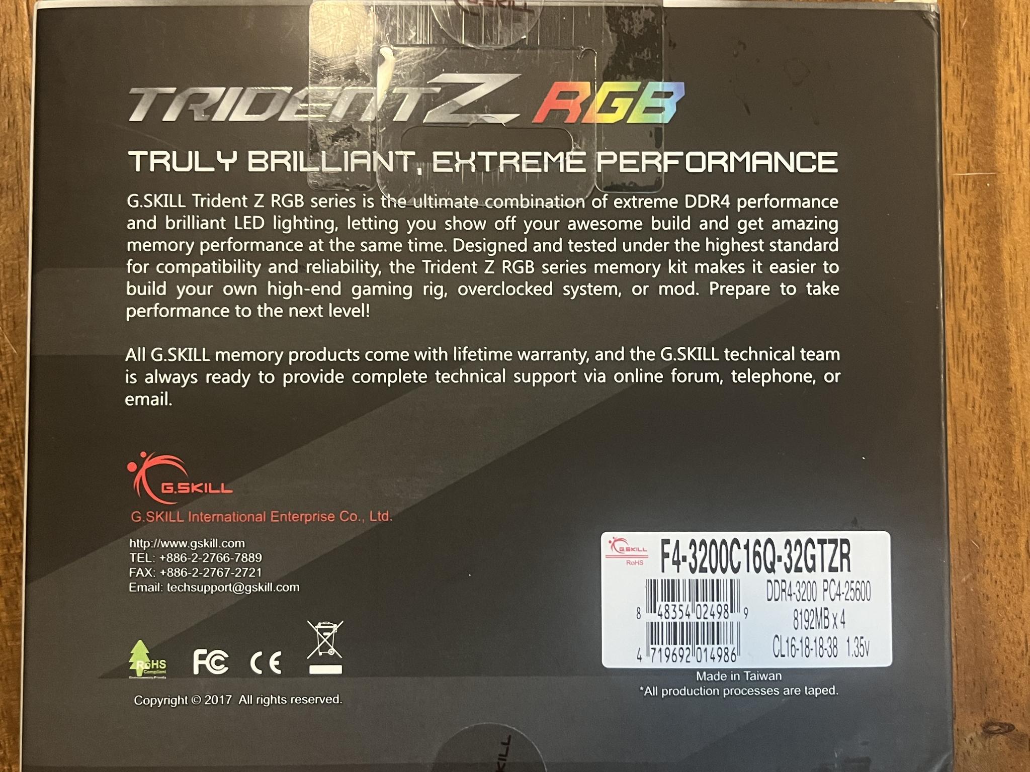 G.Skill F4-3200C16D-32GTZKW 32GB 3200MHz DDR4 Desktop Memory