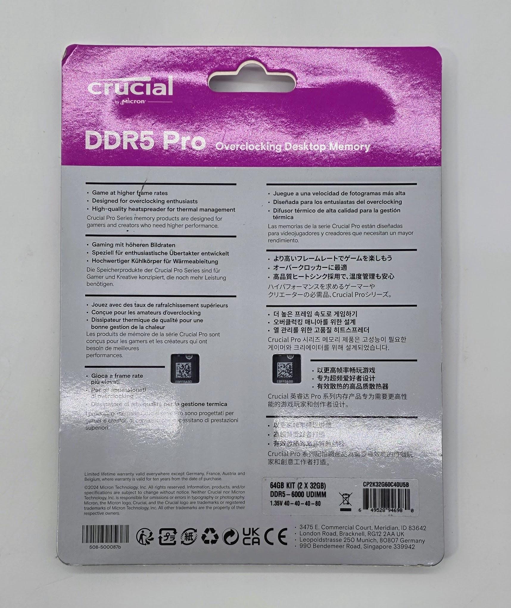 Crucial Pro 64GB (2x32GB) DDR5-6000 CL40 RAM KIT Sealed NEW