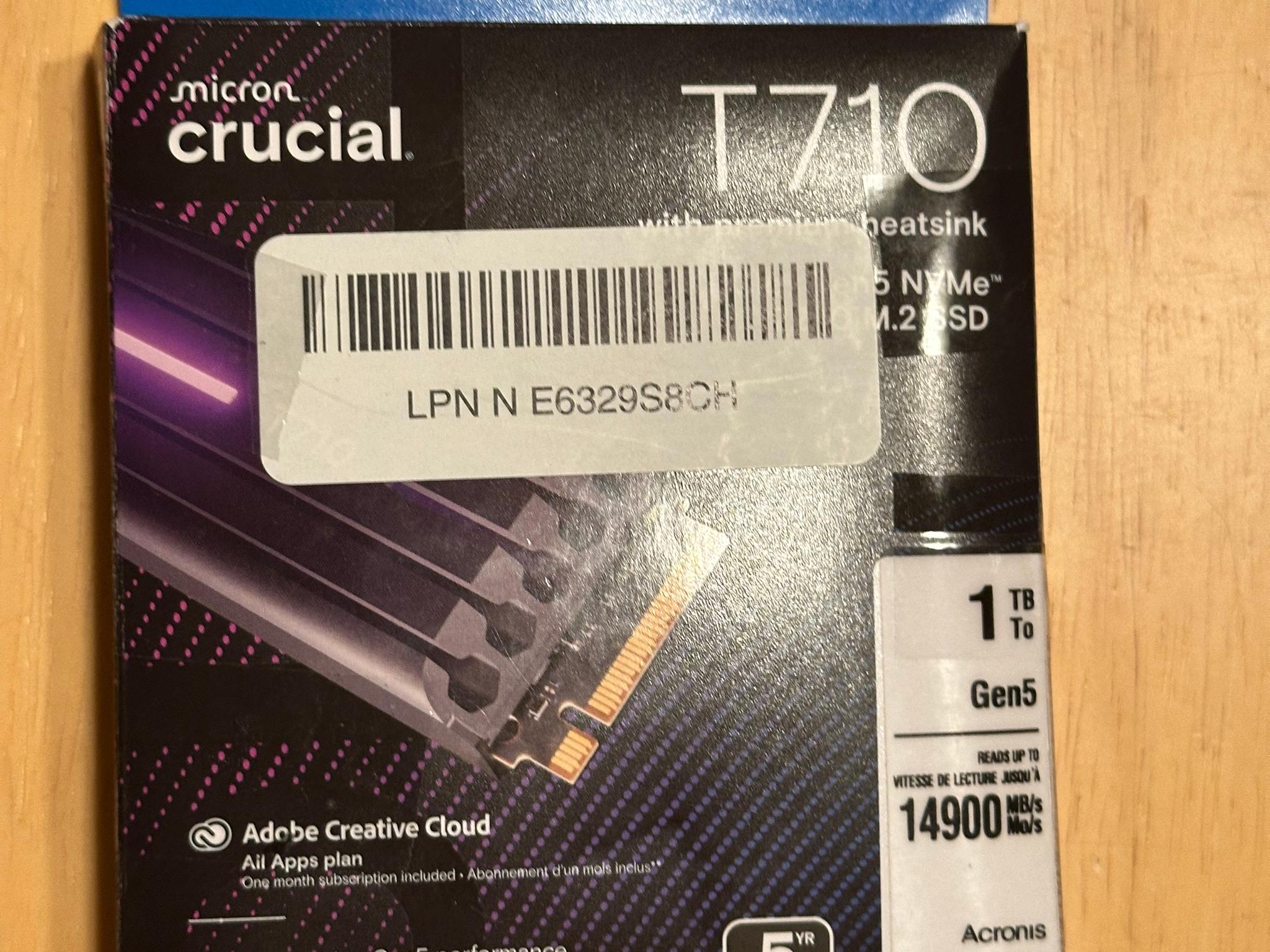 Crucial T710 1TB 3D TLC NAND Gen 5 x4 NVMe M.2 2280 Internal SSD with Heatsink