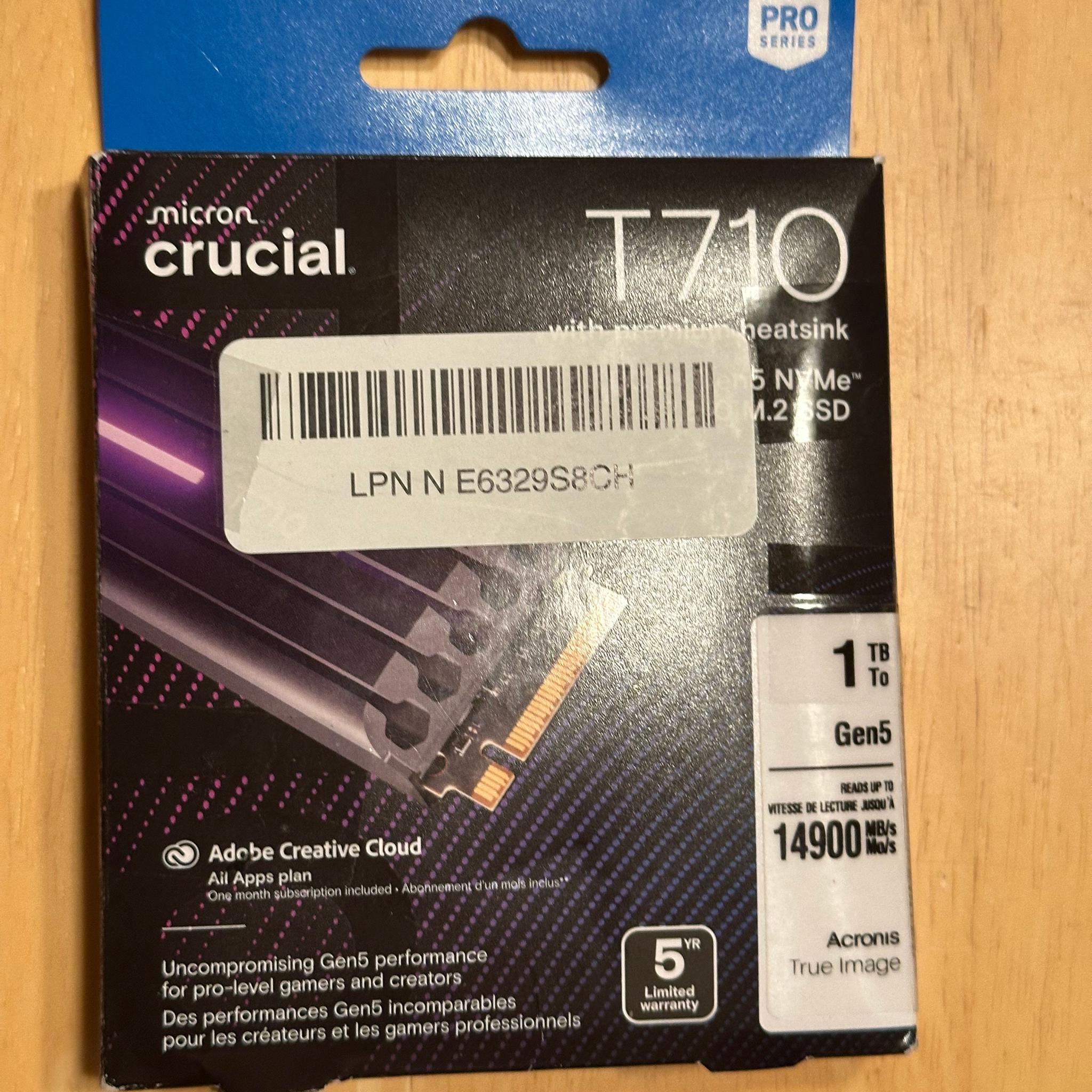 Crucial T710 1TB 3D TLC NAND Gen 5 x4 NVMe M.2 2280 Internal SSD with Heatsink