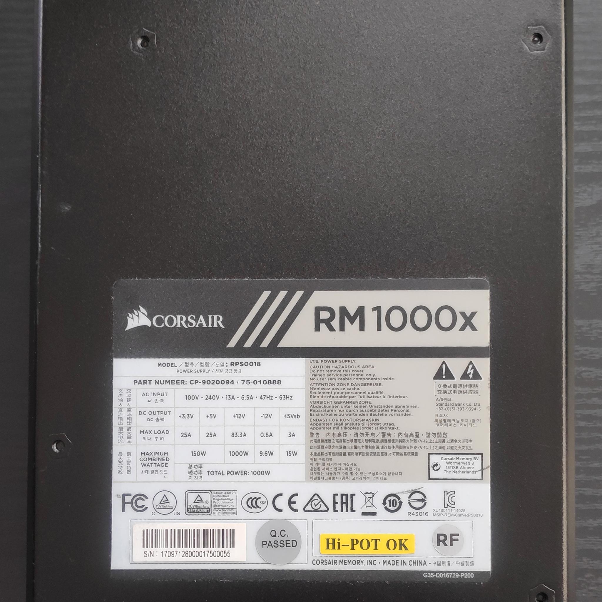CORSAIR RMx Series, RM1000x, 1000 Watt 80 PLUS Gold Certified Fully Modular Power Supply