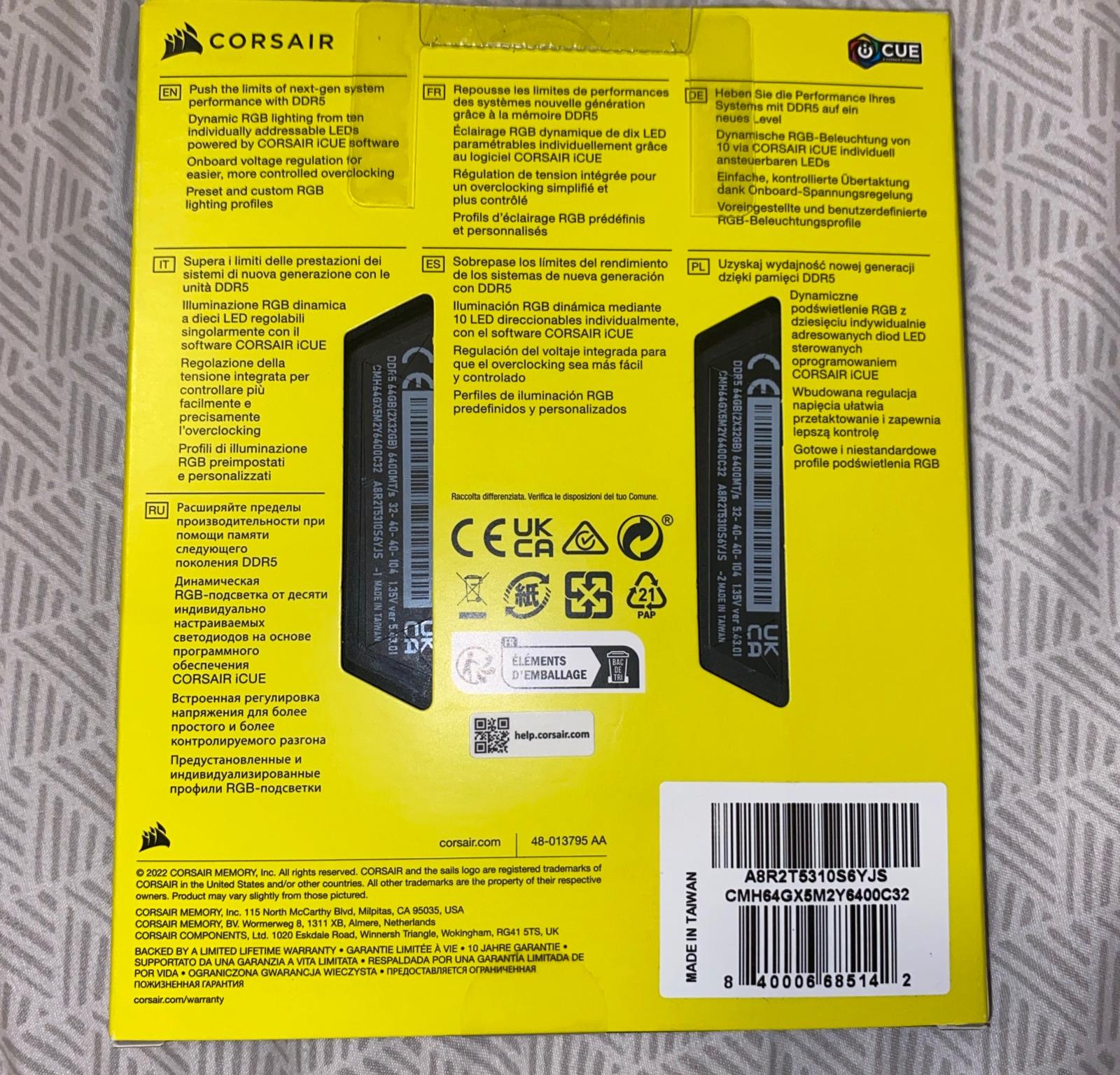 Corsair Vengeance RGB DDR5 64GB (2x32) 6400MHz CL32 Memory RAM (Sealed)