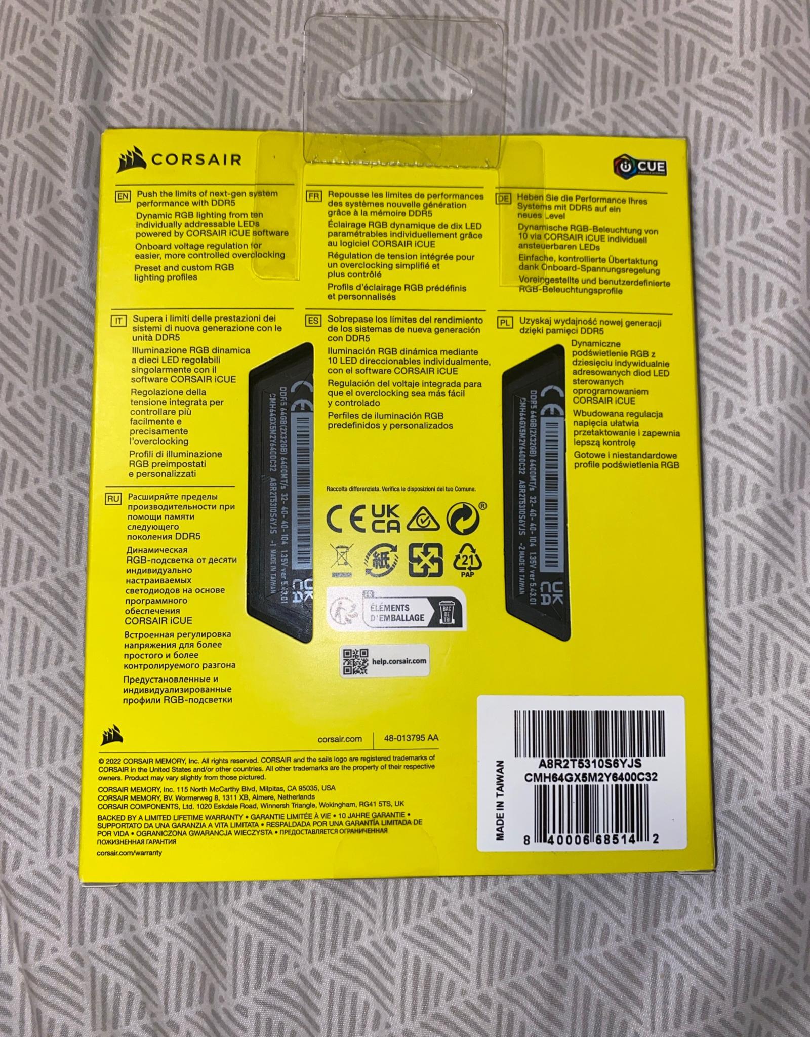 Corsair Vengeance RGB DDR5 64GB (2x32) 6400MHz CL32 Memory RAM (Sealed)