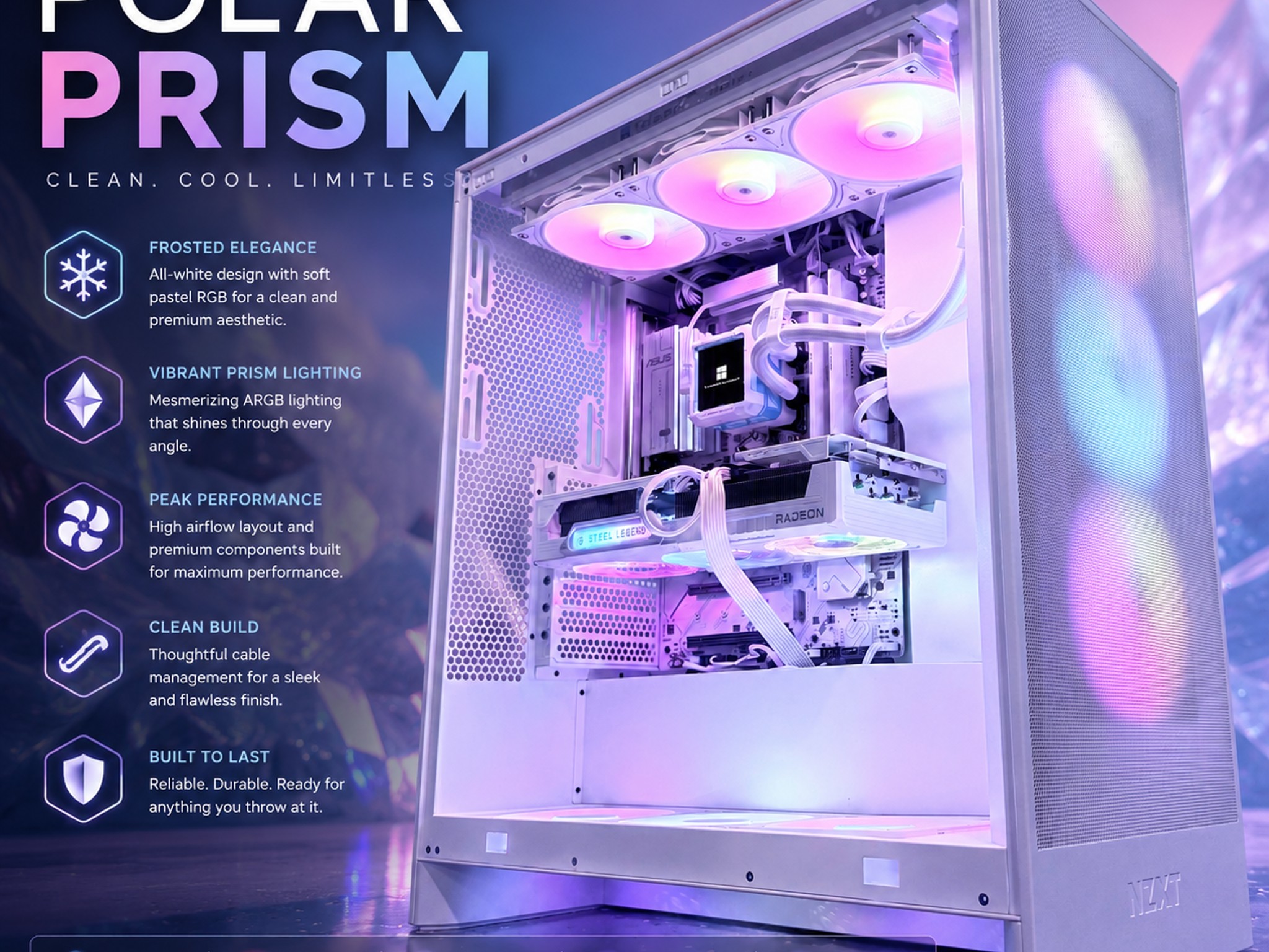 ⚪️"Polar Prism"❄️| 4K Gaming | Ryzen 7 9800X3D | RX 9070XT | 32GB 6400 mt/s DDR5 | 3TB Storage