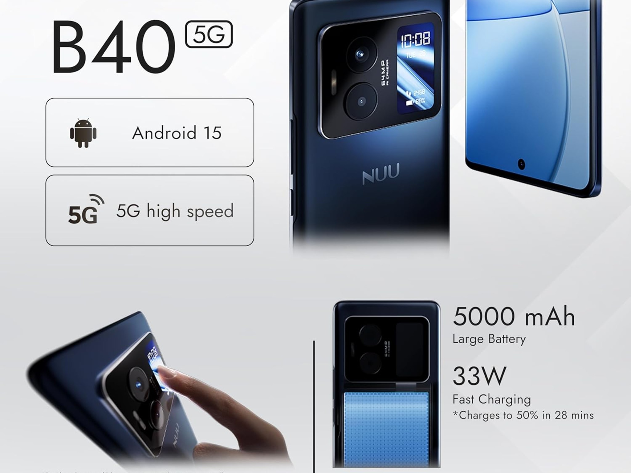 NUU B40 5G, Unlocked, Dual SIM, Dual AMOLED Display, 120Hz, 64 MP Camera, 8GB+256GB