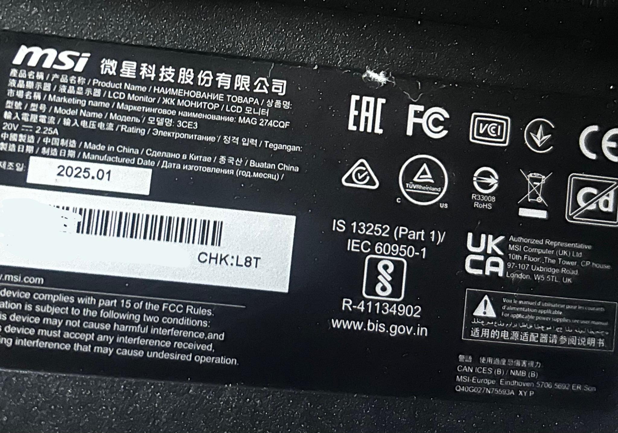 MSI 27" 2K (2560 x 1440) (180Hz) Curved Gaming Monitor (MAG 274CQF) (See Description)