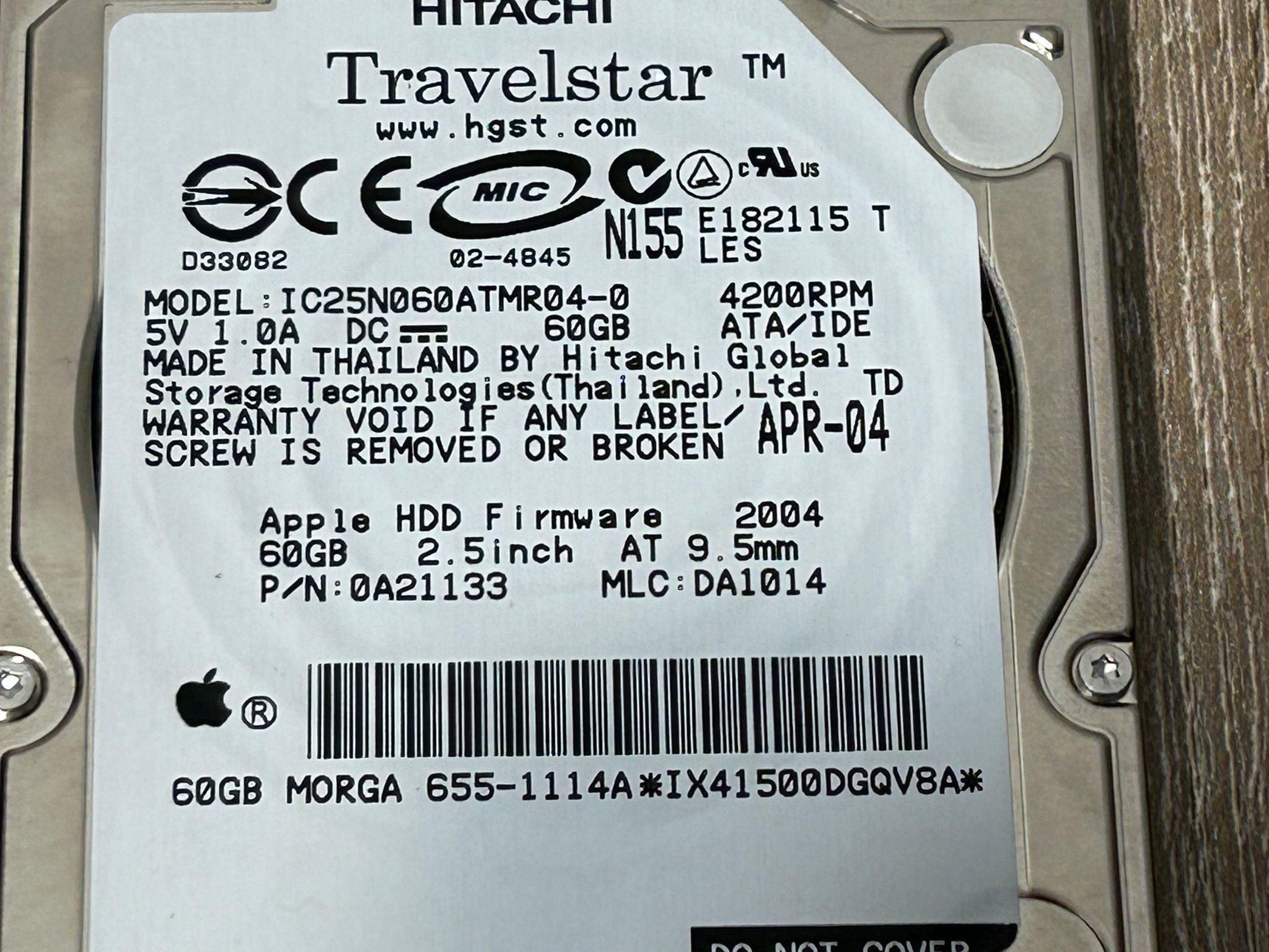 OEM Apple 655-1115A Hitachi Travelstar 60GB 2.5" IDE Hard Drive IC25N080ATMR04-0