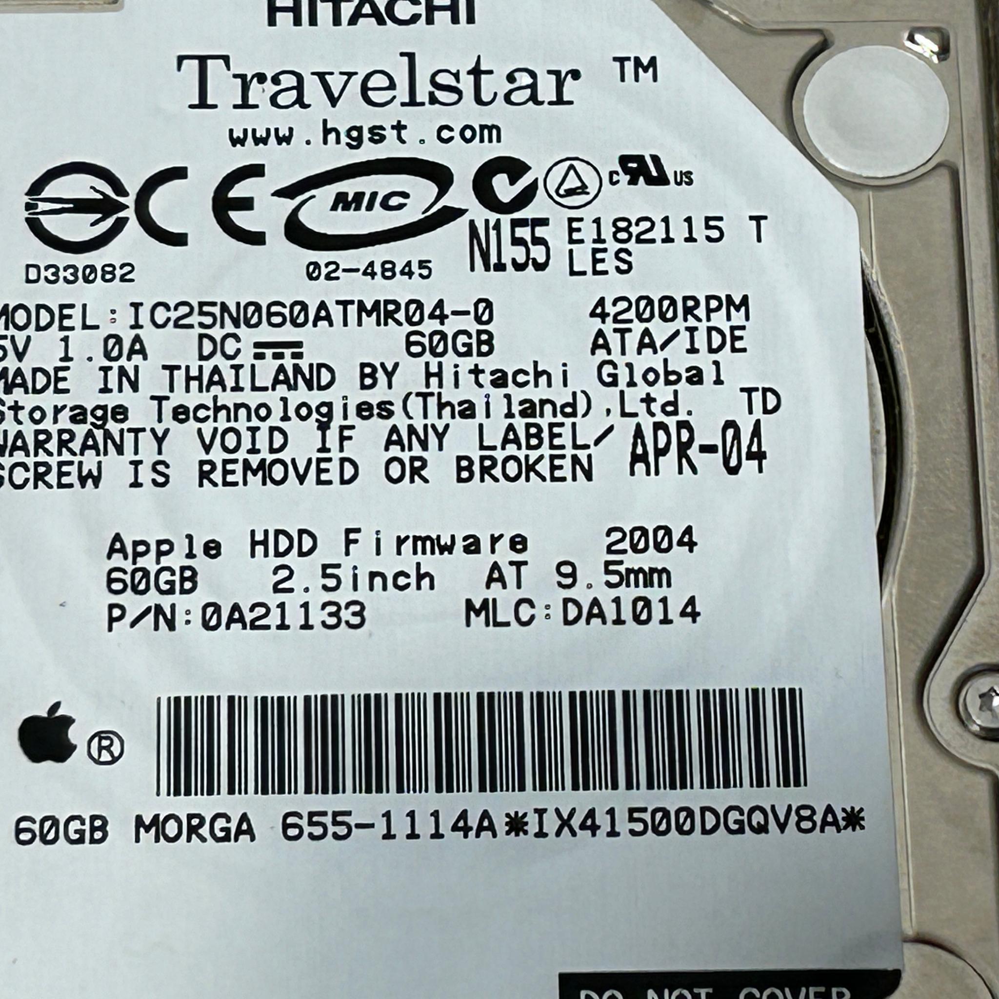 OEM Apple 655-1115A Hitachi Travelstar 60GB 2.5" IDE Hard Drive IC25N080ATMR04-0