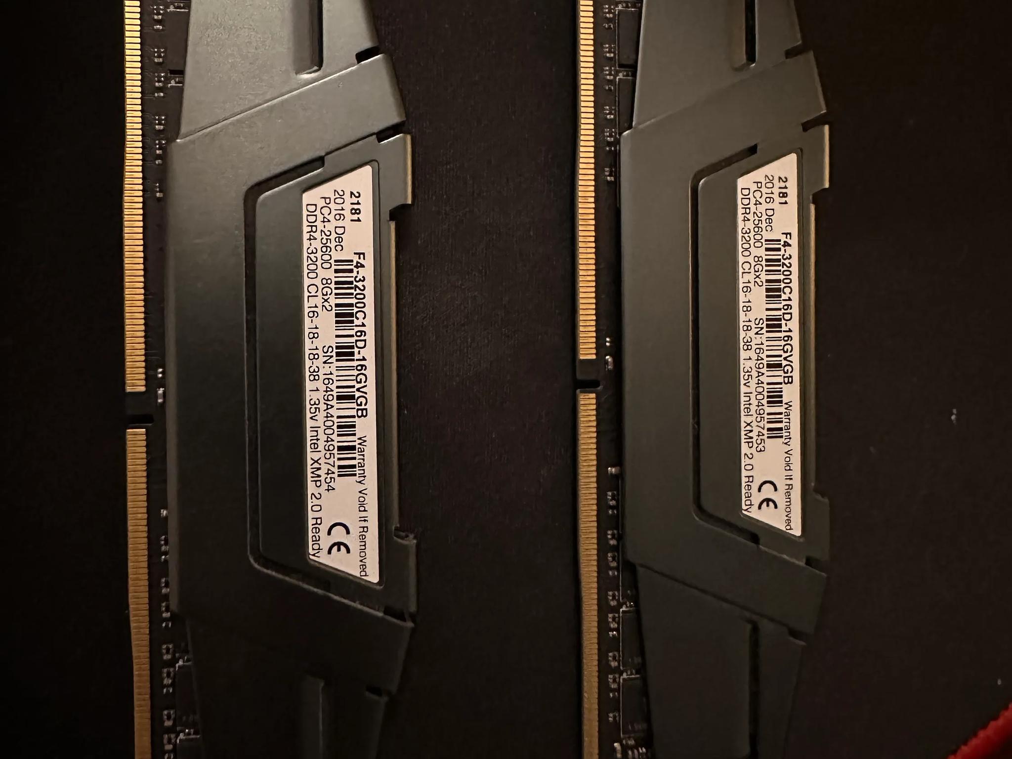 G Skill Ripjaws V, 3200 MT/s DDR4 Ram, 2 x 8 GB, 16GB Total