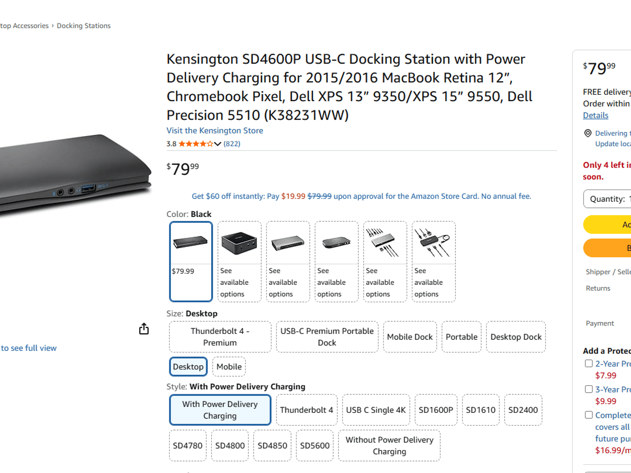 Kensington SD4600P USB-C Docking Station (60W PD, Dual 4K) - Like New / Open Box