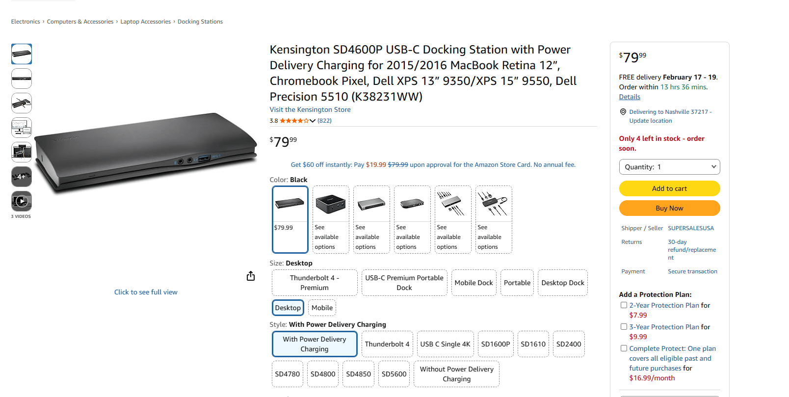 Kensington SD4600P USB-C Docking Station (60W PD, Dual 4K) - Like New / Open Box