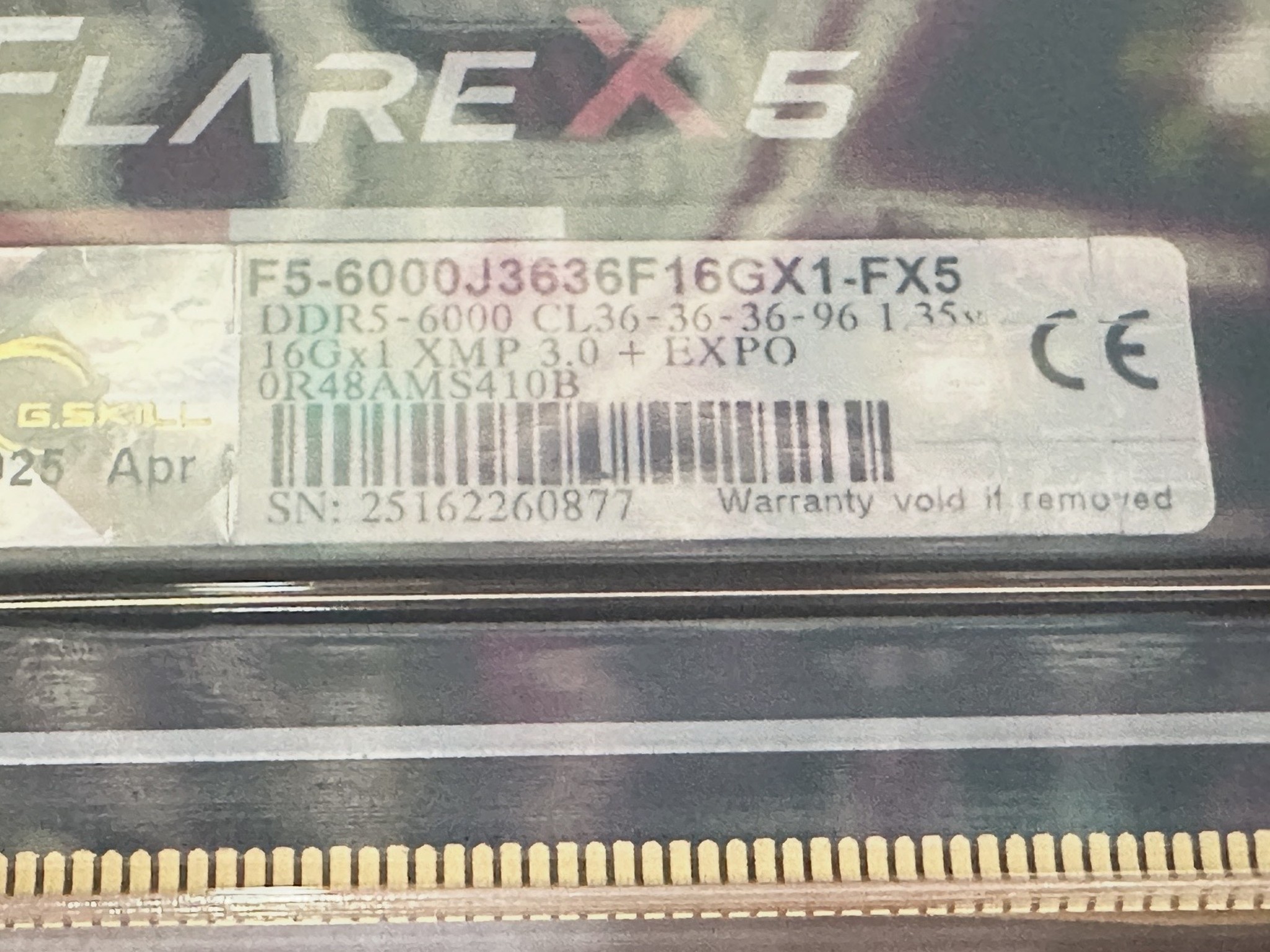 G.Skill Flare X5 16GB (1x16GB) DDR5-6000 PC5-48000 CL36 Single Channel  F5-6000J3636F16GX1-FX5