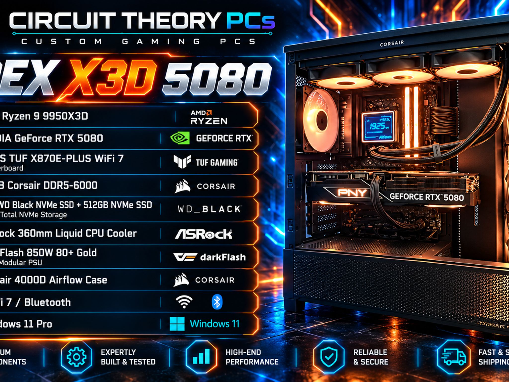 RTX 5080 Gaming PC | Ryzen 9 9950X3D | 32GB DDR5 | 1.5TB NVMe | WiFi 7