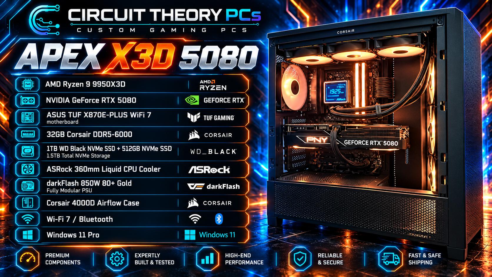 RTX 5080 Gaming PC | Ryzen 9 9950X3D | 32GB DDR5 | 1.5TB NVMe | WiFi 7