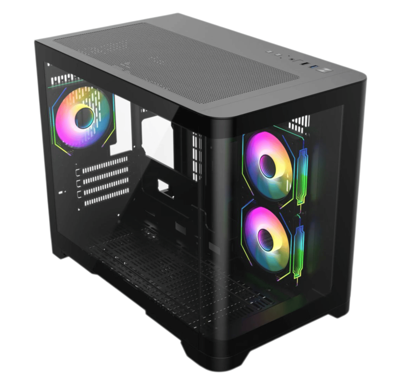 Sleek Black MATX Gaming PC Case – Curved Tempered Glass | Includes 6-Port Hub | High Airflow