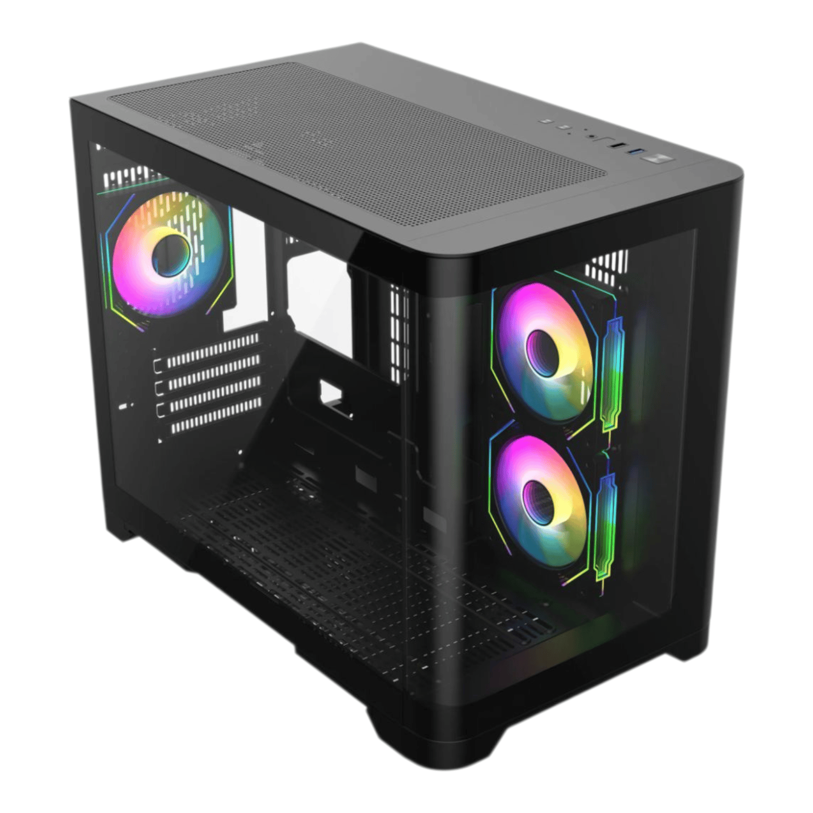 Sleek Black MATX Gaming PC Case – Curved Tempered Glass | Includes 6-Port Hub | High Airflow