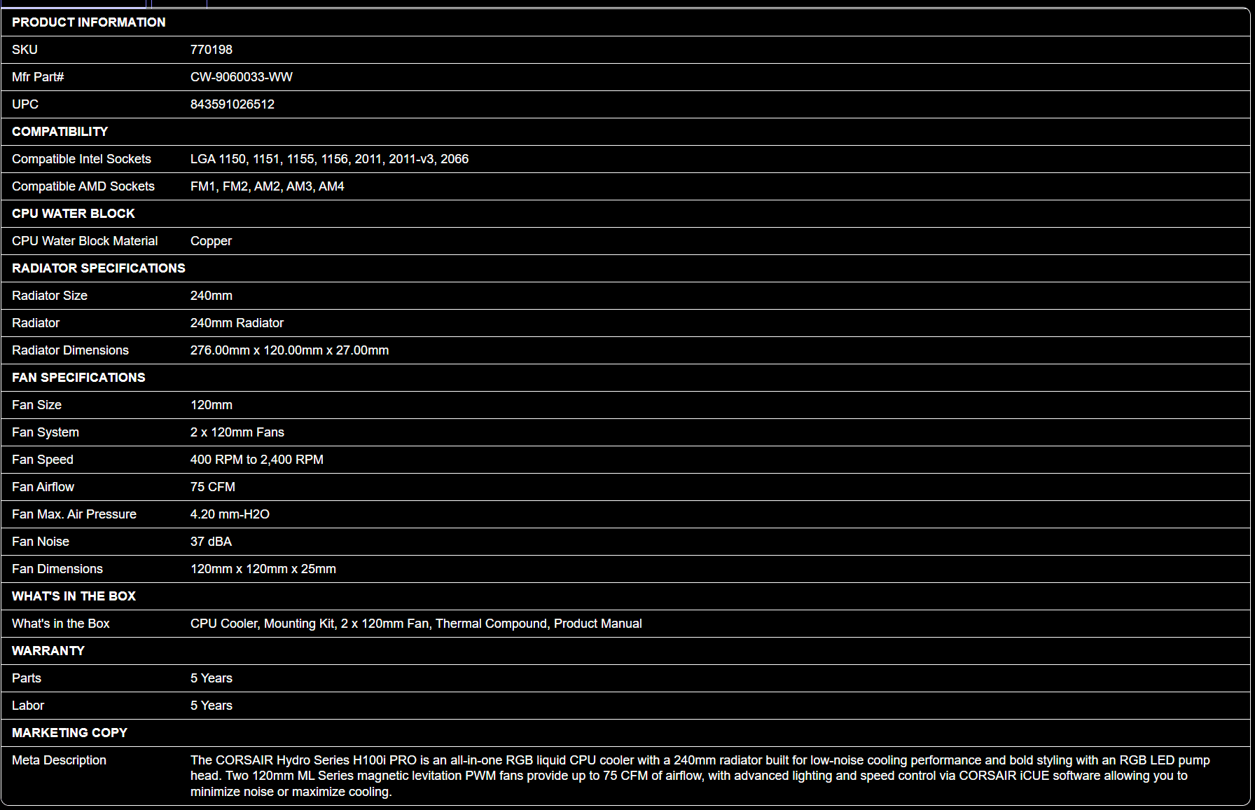 Corsair Hydro H100i Pro 240mm RGB Water Cooling Kit