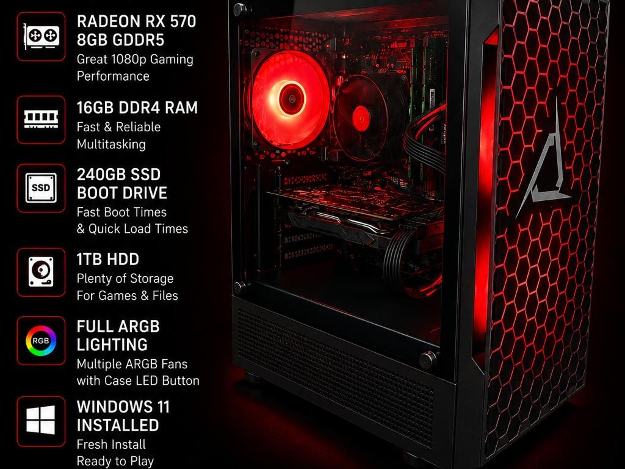 Gaming PC Ryzen 5 1600X RX 570 8GB 16GB RAM 240GB SSD + 1TB HDD RGB Win11