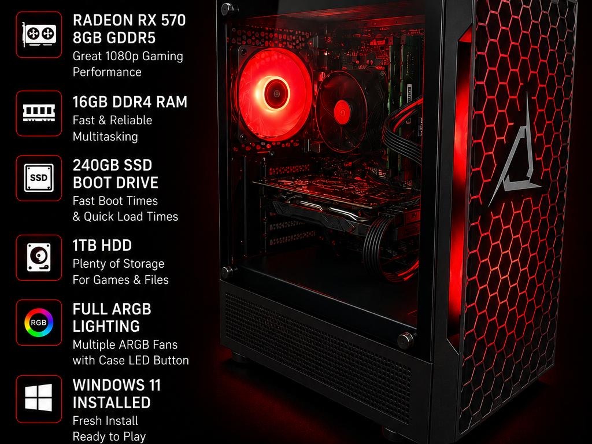 Gaming PC Ryzen 5 1600X RX 570 8GB 16GB RAM 240GB SSD + 1TB HDD RGB Win11