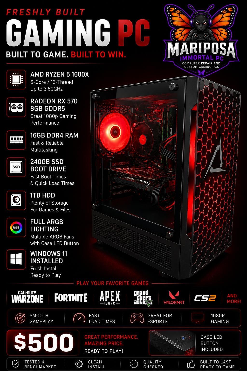 Gaming PC Ryzen 5 1600X RX 570 8GB 16GB RAM 240GB SSD + 1TB HDD RGB Win11