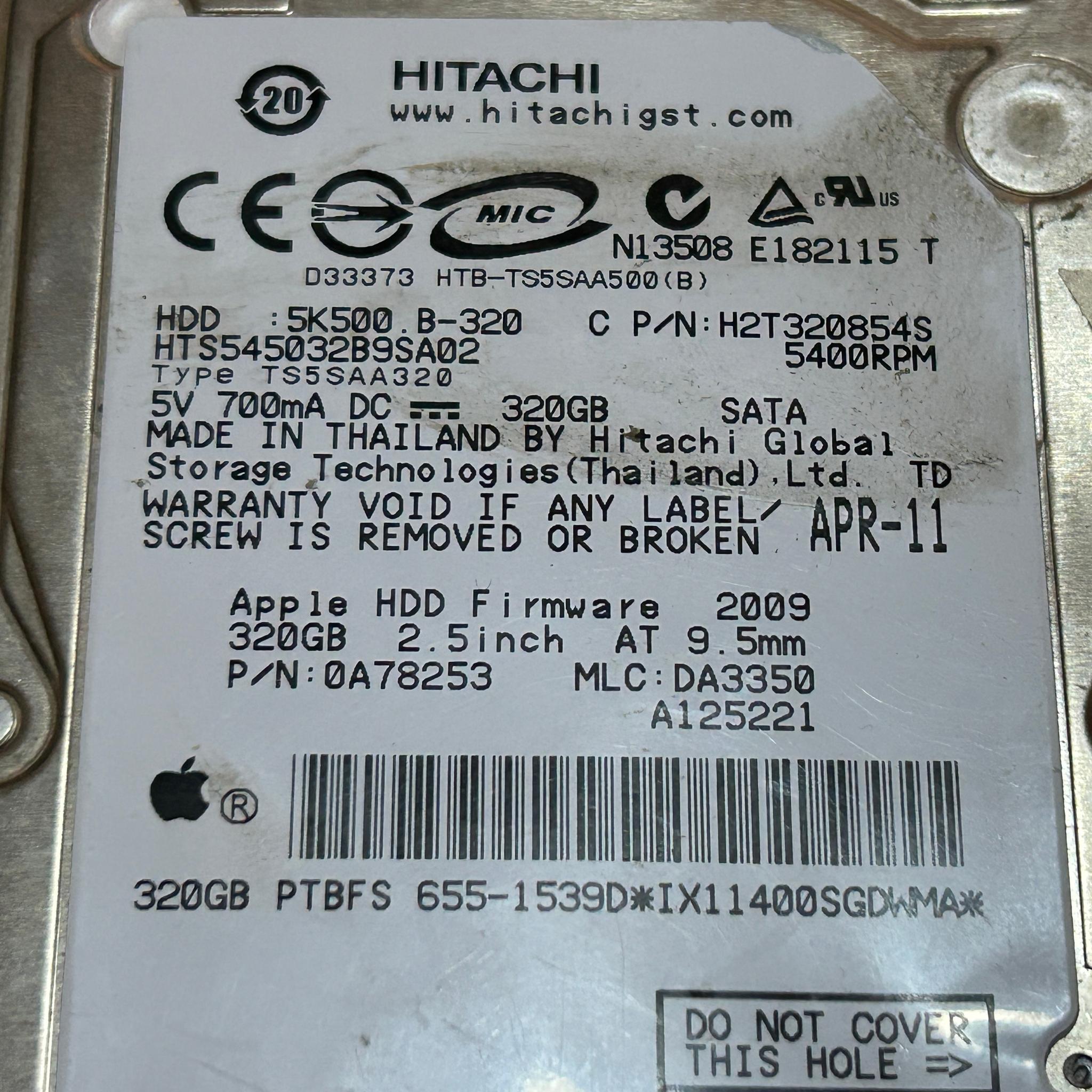 APPLE HITACHI HTS545032B9SA02 320GB SATA HARD DRIVE P/N: 0A78253  MLC: DA3350