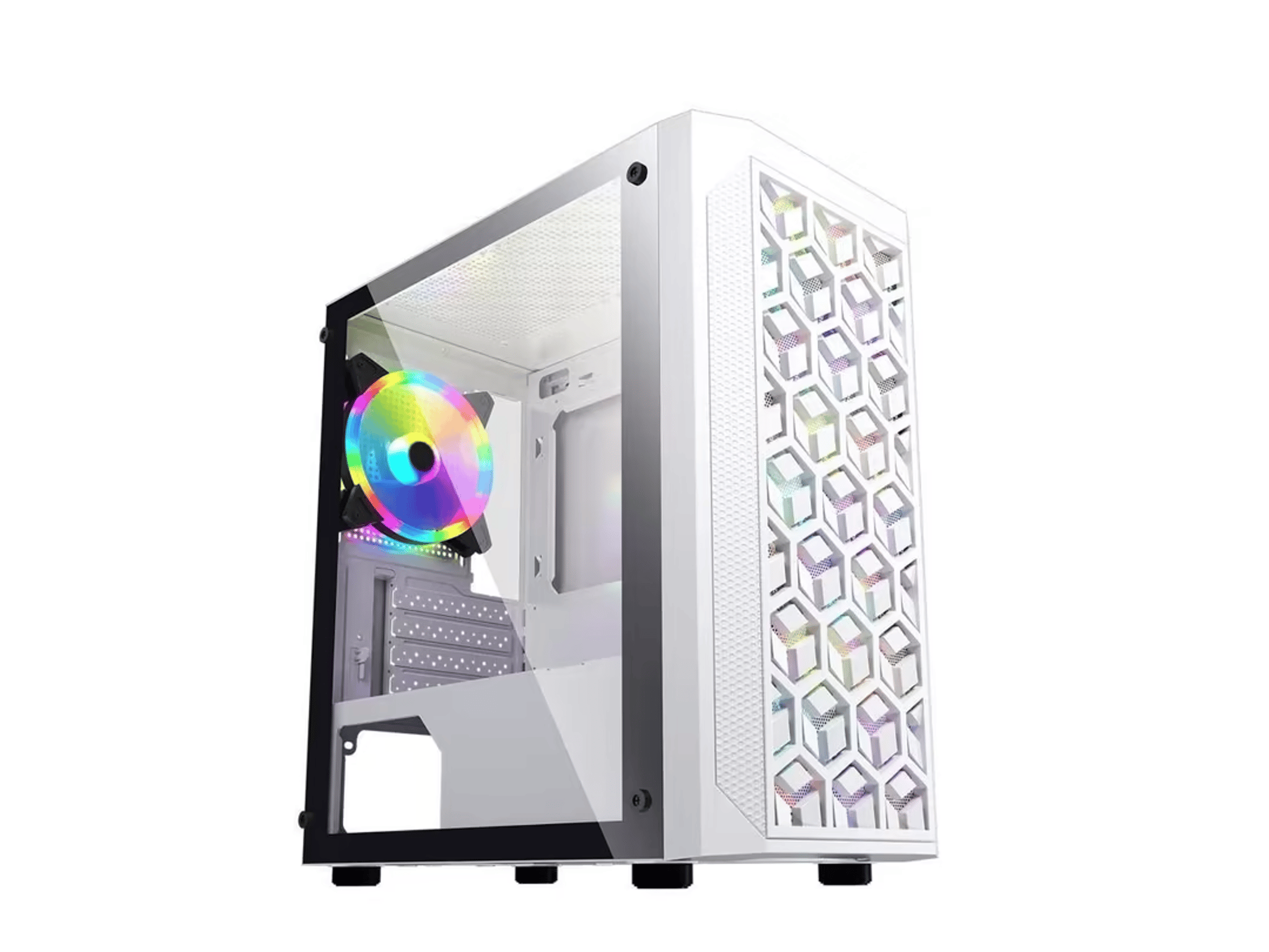 ESGAMING White Micro ATX Mini ITX Tower Micro ATX Case, Tempered Glass Side Panel, Rainbow LED Fans