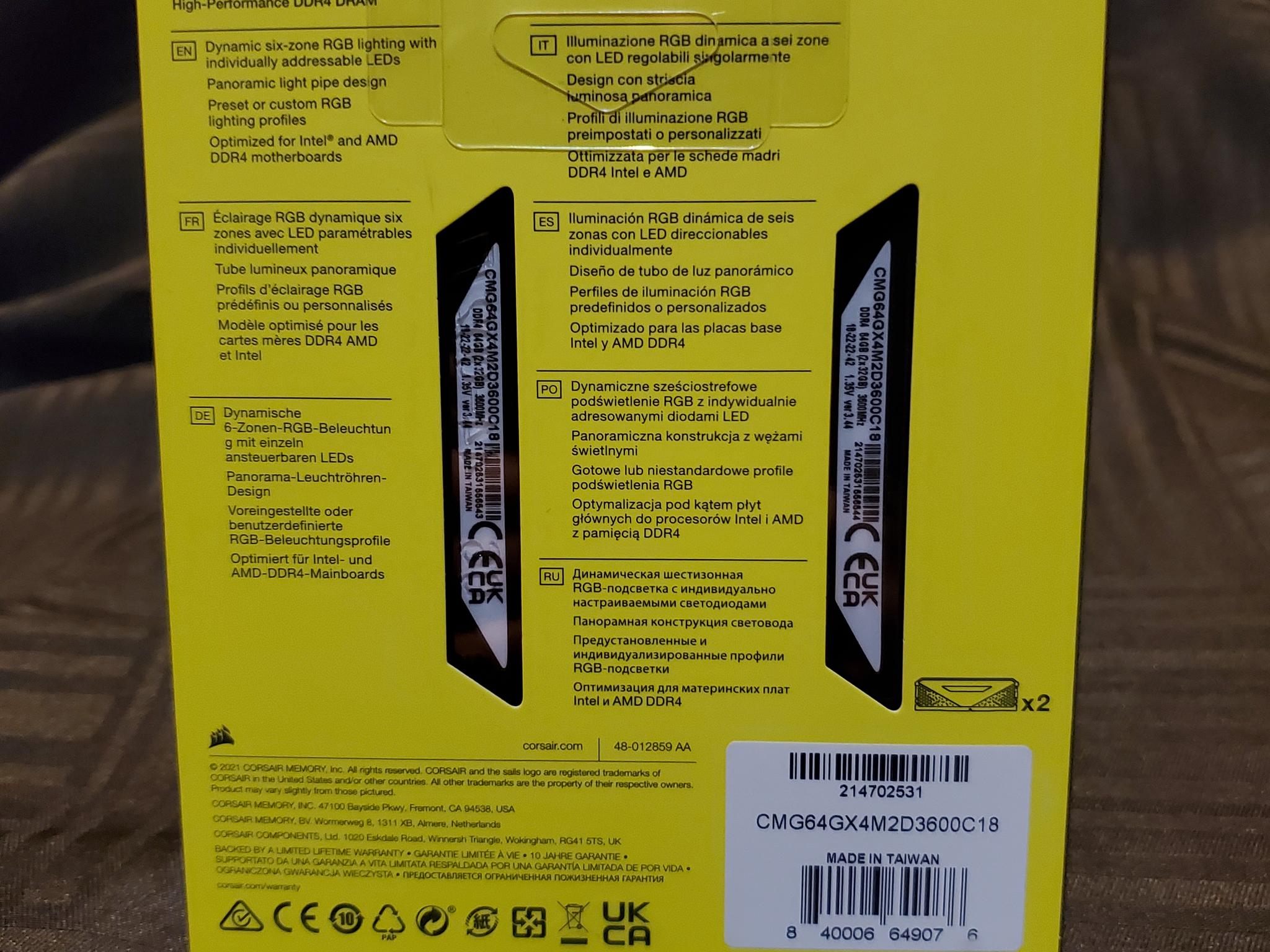 Corsair Vengeance RGB RS 3600mhz CL18 64gb (2x32gb) DDR4 RAM Kit