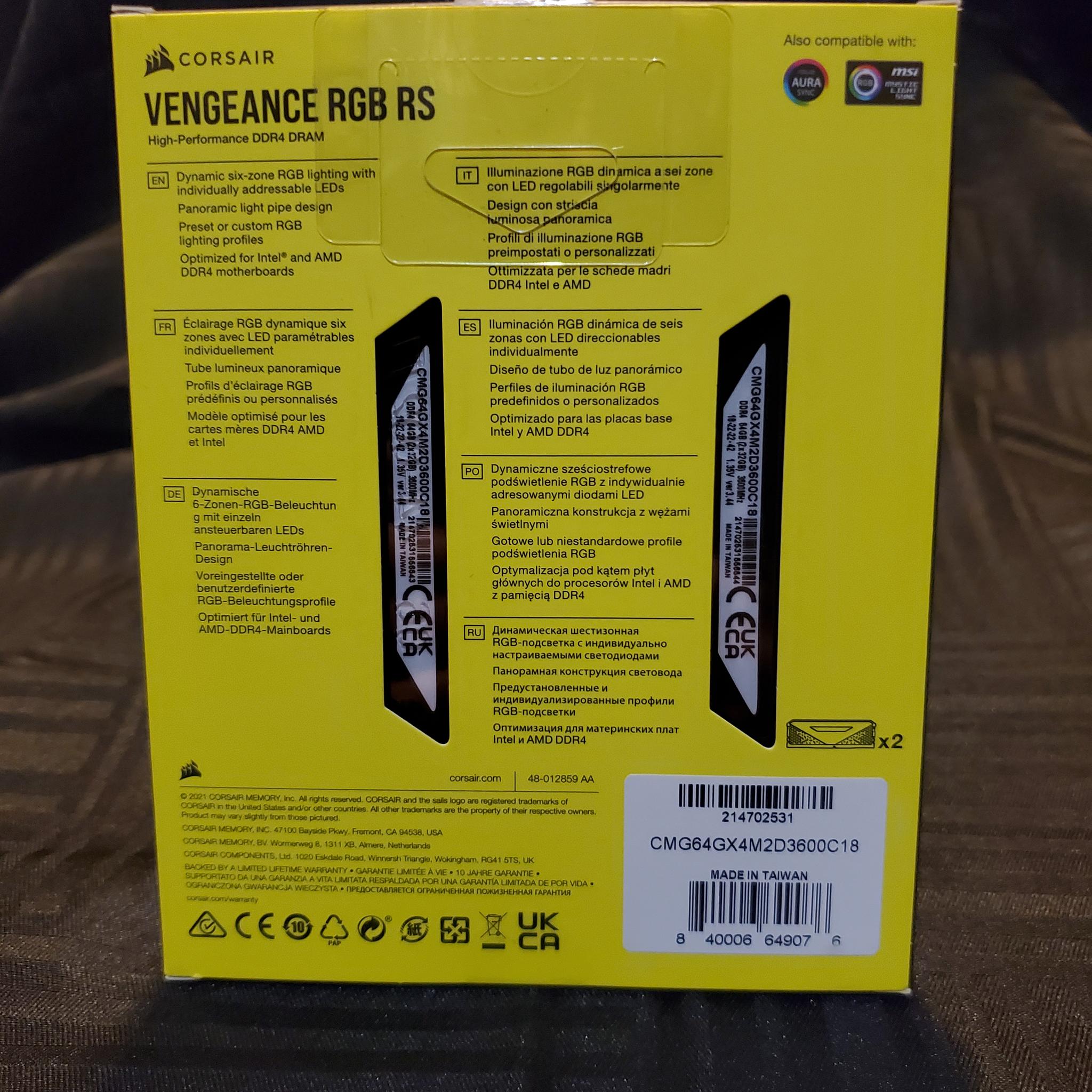 Corsair Vengeance RGB RS 3600mhz CL18 64gb (2x32gb) DDR4 RAM Kit