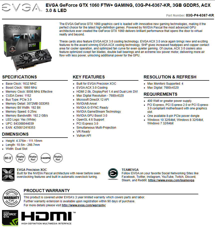 eVgA geforce GTX 1060 3gb ftw+ gaming