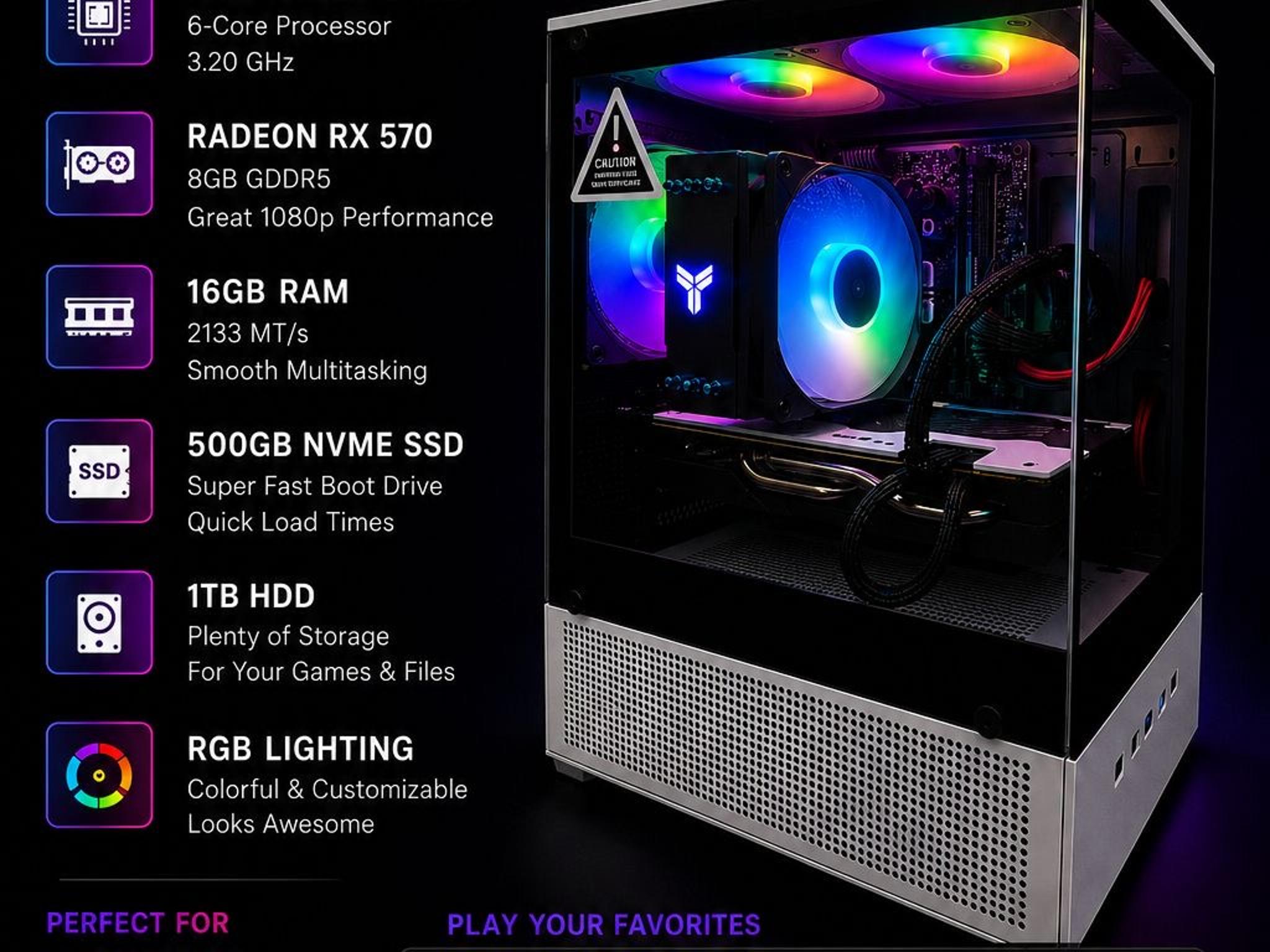 Gaming PC Ryzen 5 1600 RX 570 8GB 16GB RAM 500GB NVMe SSD + 1TB HDD RGB Win11