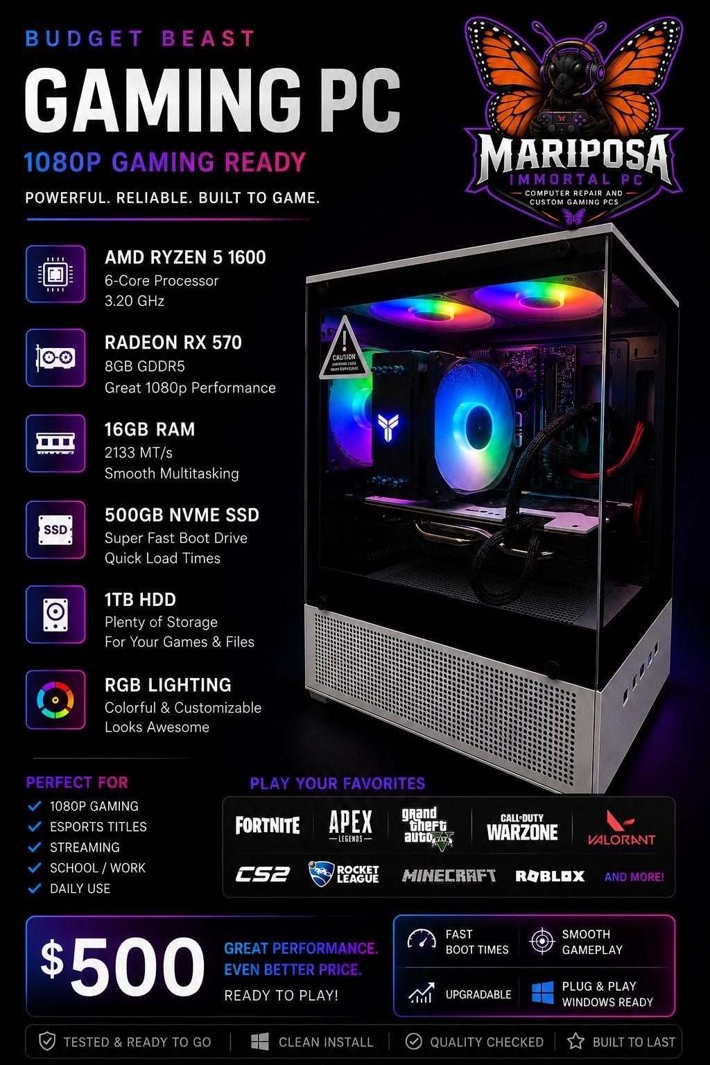 Gaming PC Ryzen 5 1600 RX 570 8GB 16GB RAM 500GB NVMe SSD + 1TB HDD RGB Win11
