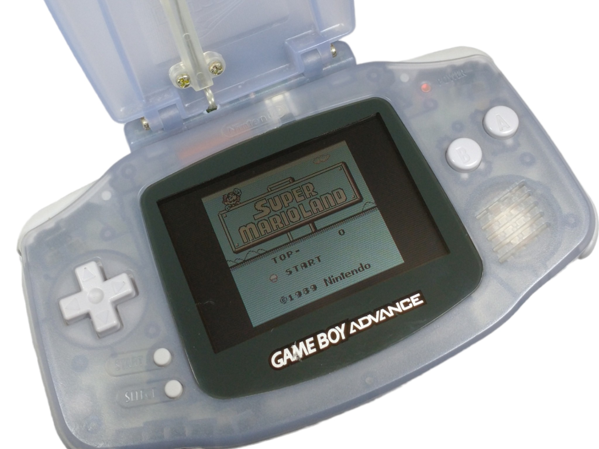 Gameboy Advance Clear Light Blue with Pelican Light Shield Super Mario & Red October