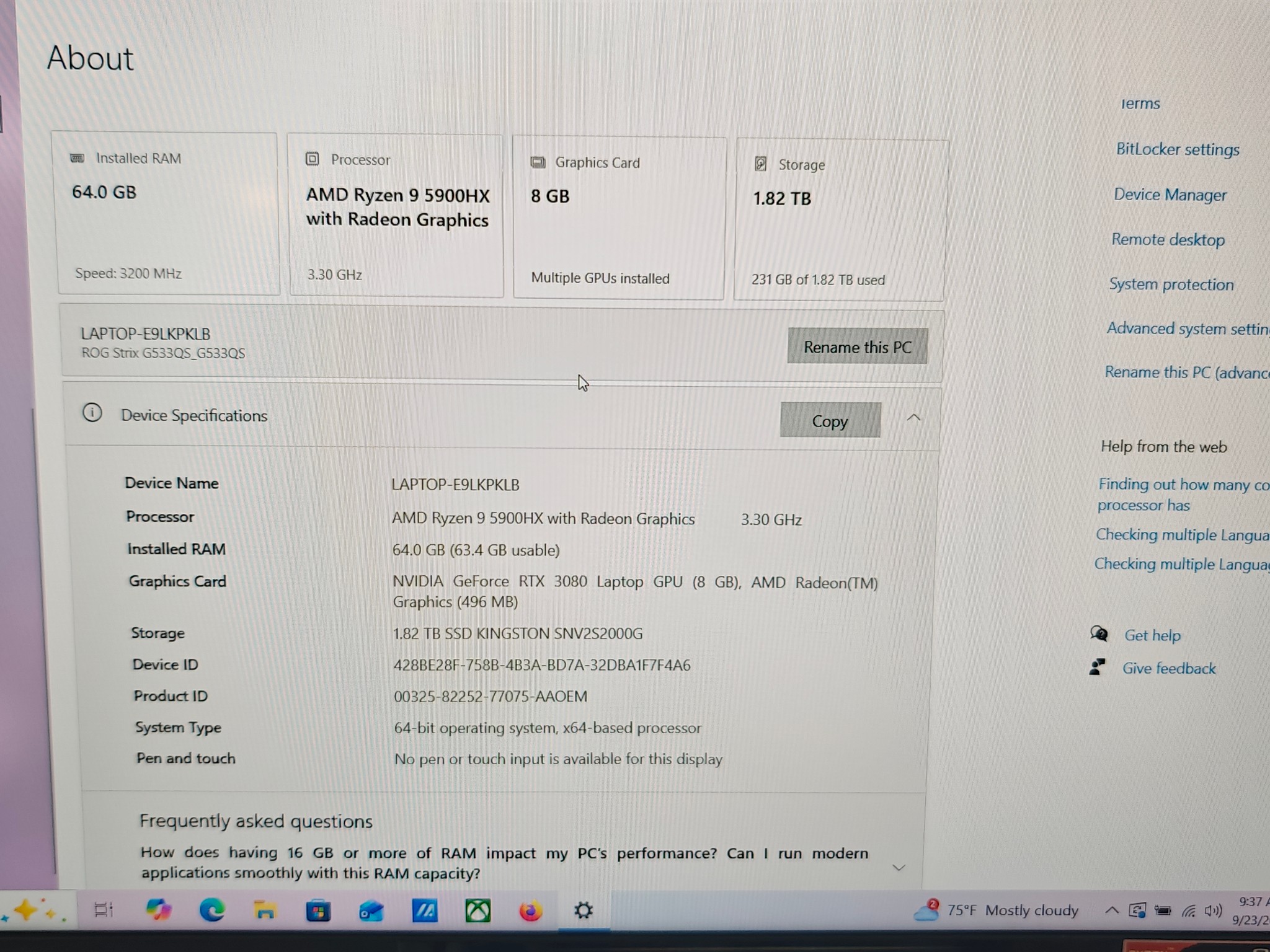 ASUS ROG STRIX Gaming Laptop 3080 2tb SSD 64gb Mem