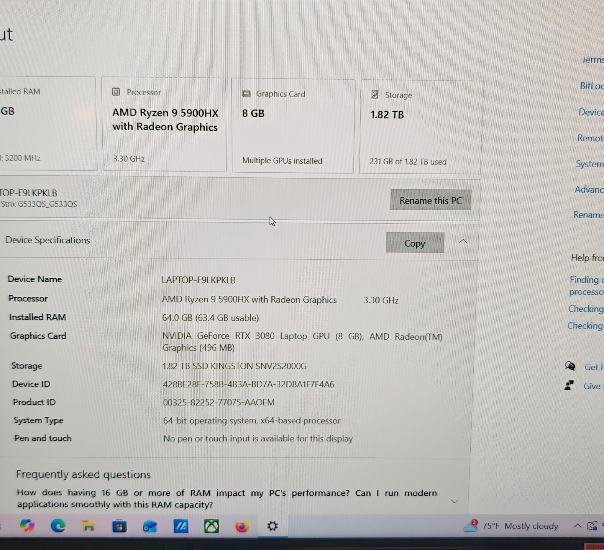 ASUS ROG STRIX Gaming Laptop 3080 2tb SSD 64gb Mem