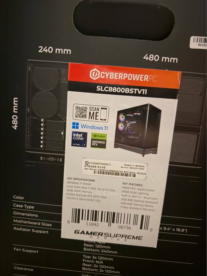 Brand New CyberPowerPC Gamer Supreme - Core Ultra 7 265F | RTX 5070 12GB | 16GB DDR5 | 1TB NVMe