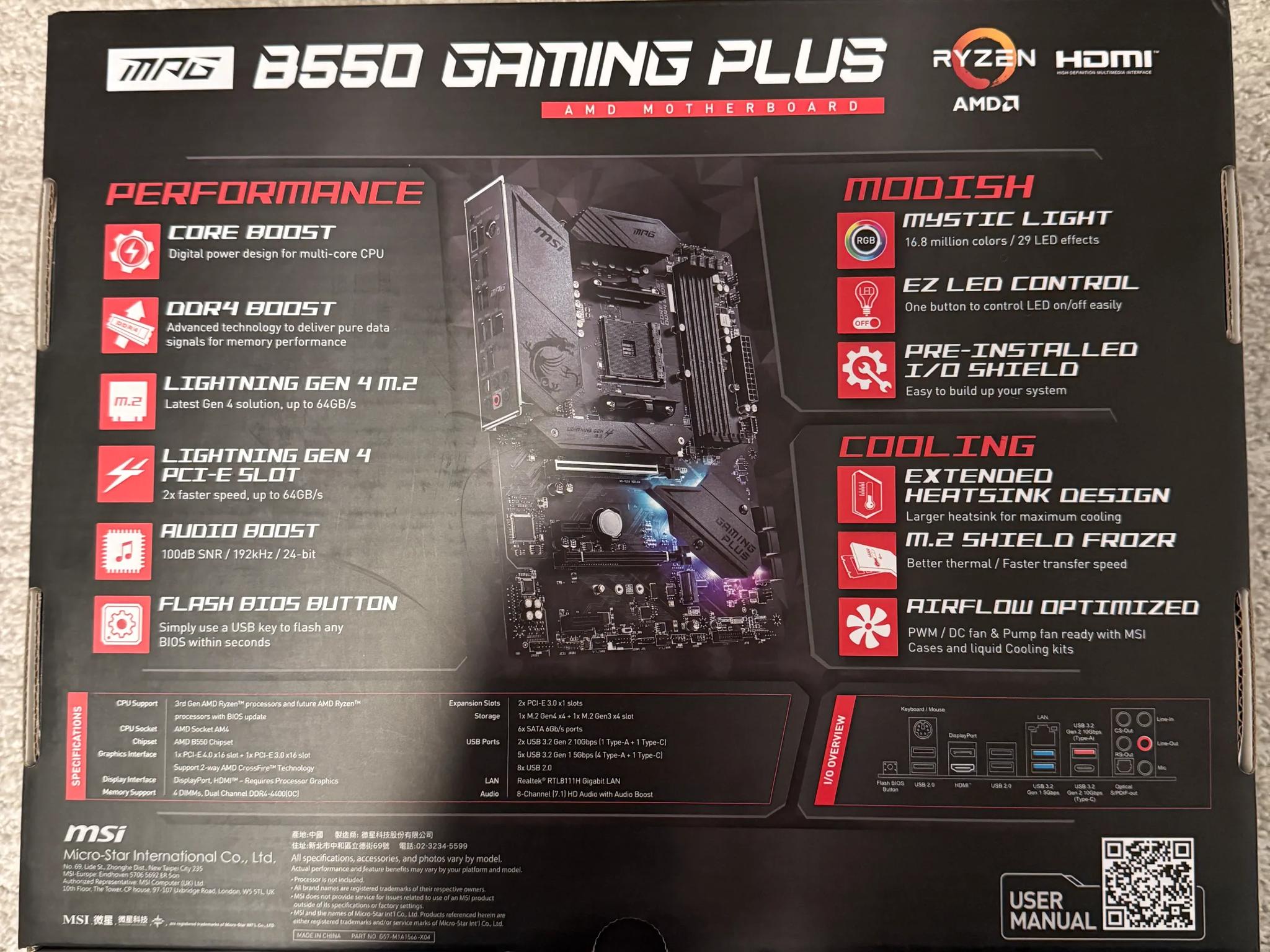 MSI MPG B550 GAMING PLUS AM4 AMD B550 SATA 6Gb/s USB 3.0 ATX AMD Motherboard (NO WIFI)