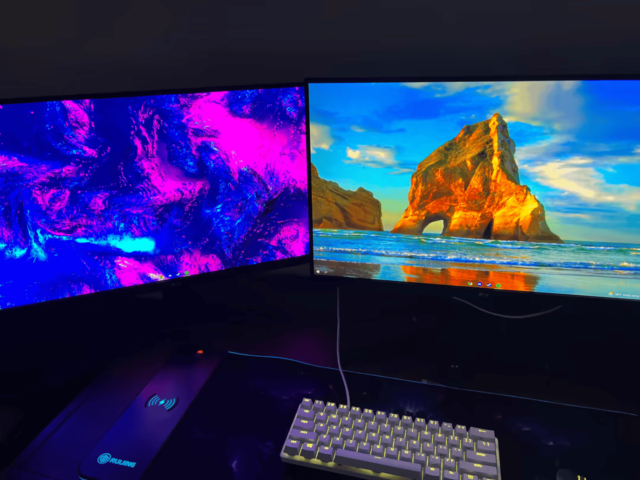 Full Custom Gaming Setup, PC, 2 Monitors, Keyboard, Wireless Mouse with Charging Dock and Mousepad