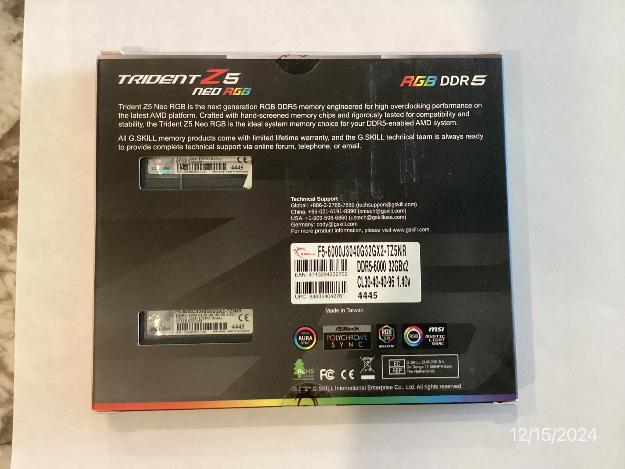 ++ New in Factory Sealed Box ++ G.Skill Trident Z5 Neo RGB DDR5 6000 RAM