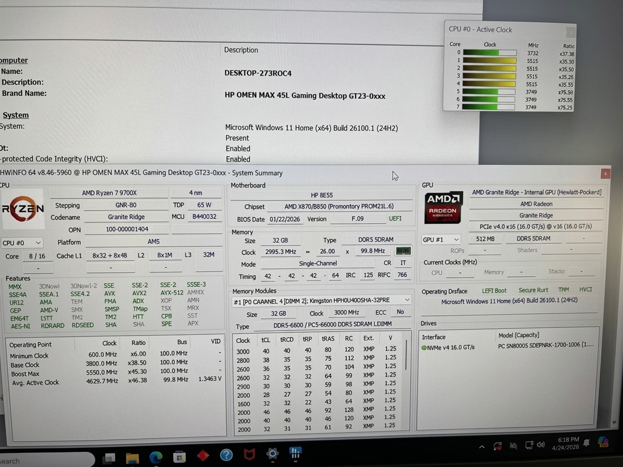 Omen 45L 9700X Prebuilt (No GPU)
