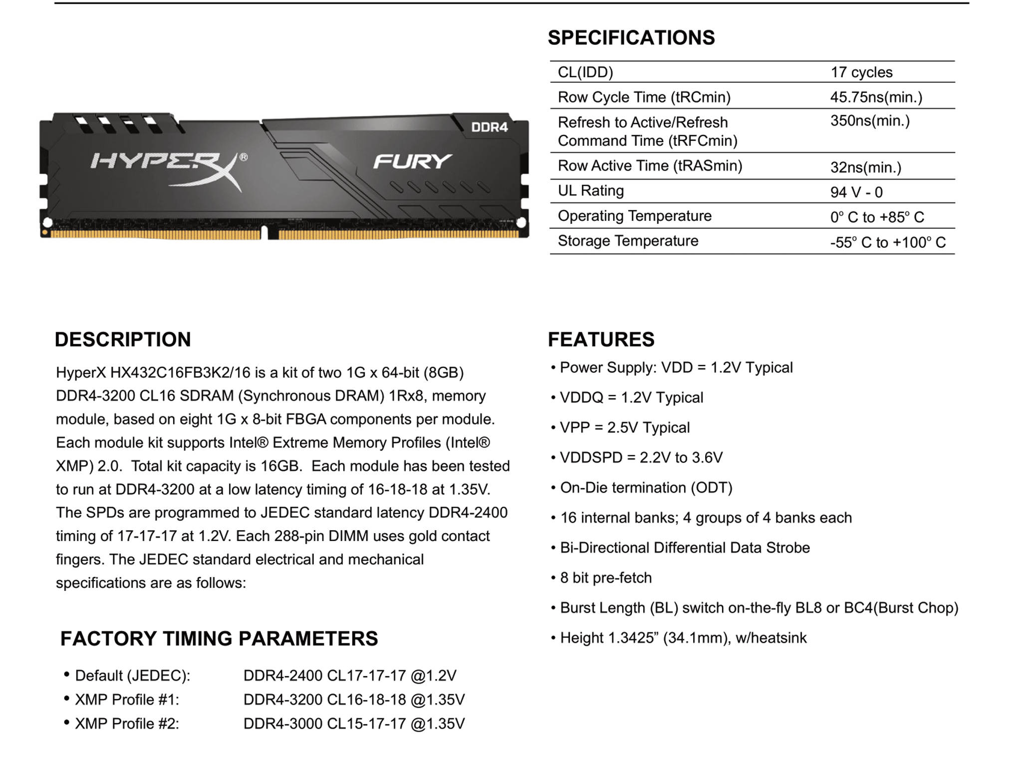 Kingston HyperX Fury 16GB (2x8GB) DDR4 3200MHz CL16 Desktop RAM Kit  HX432C16FB3K2/16