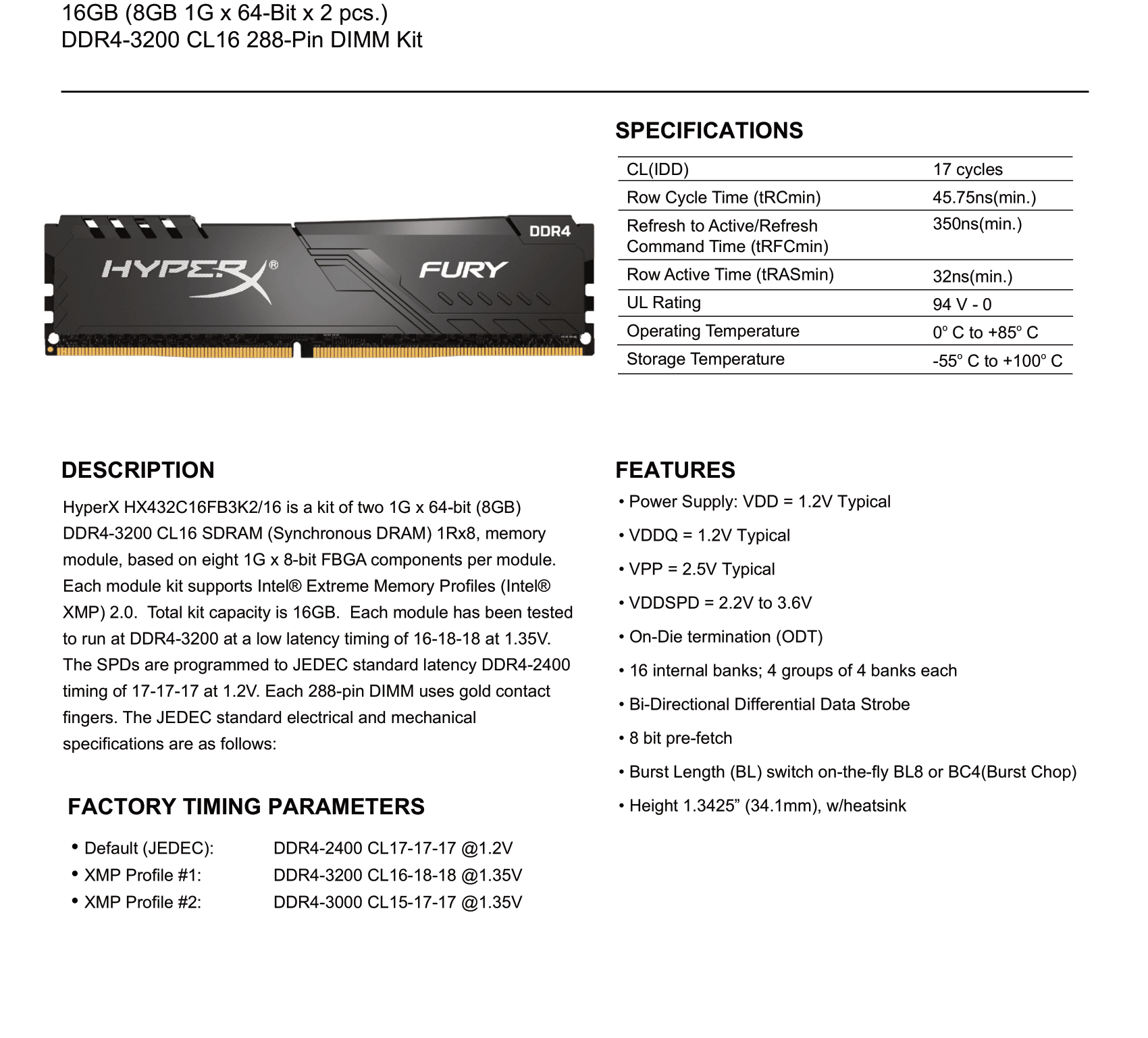 Kingston HyperX Fury 16GB (2x8GB) DDR4 3200MHz CL16 Desktop RAM Kit  HX432C16FB3K2/16