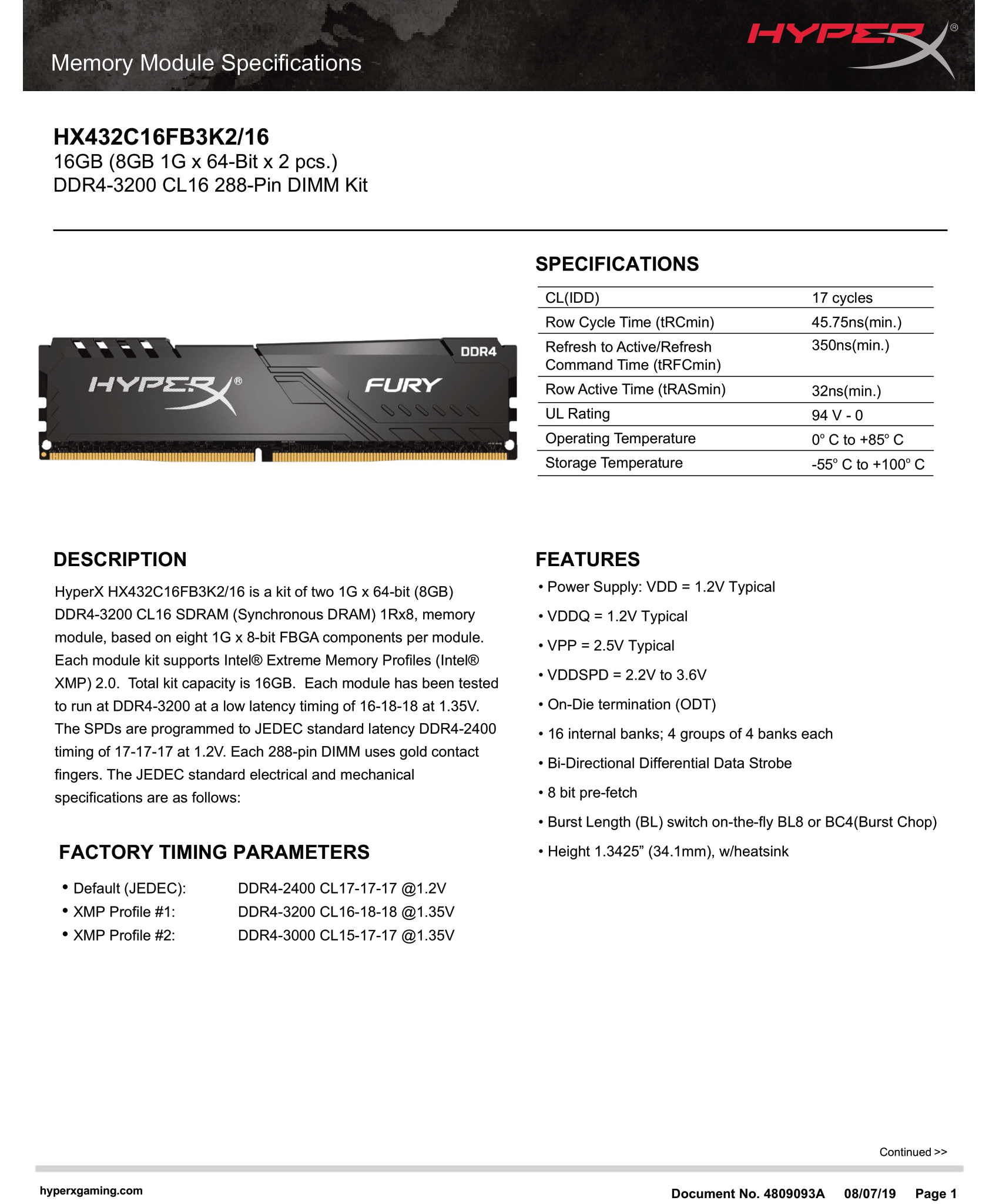 Kingston HyperX Fury 16GB (2x8GB) DDR4 3200MHz CL16 Desktop RAM Kit  HX432C16FB3K2/16
