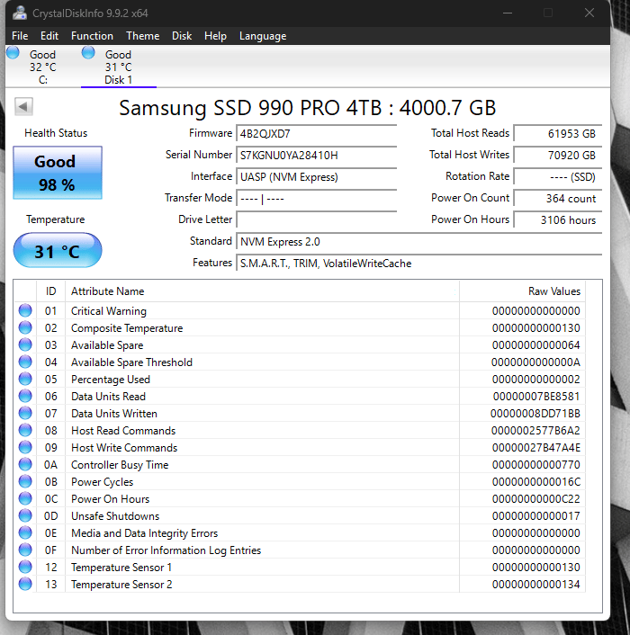 Samsung 990 PRO 4TB NVMe PCIe 4.0 M.2 SSD - Tested Working 98% Health