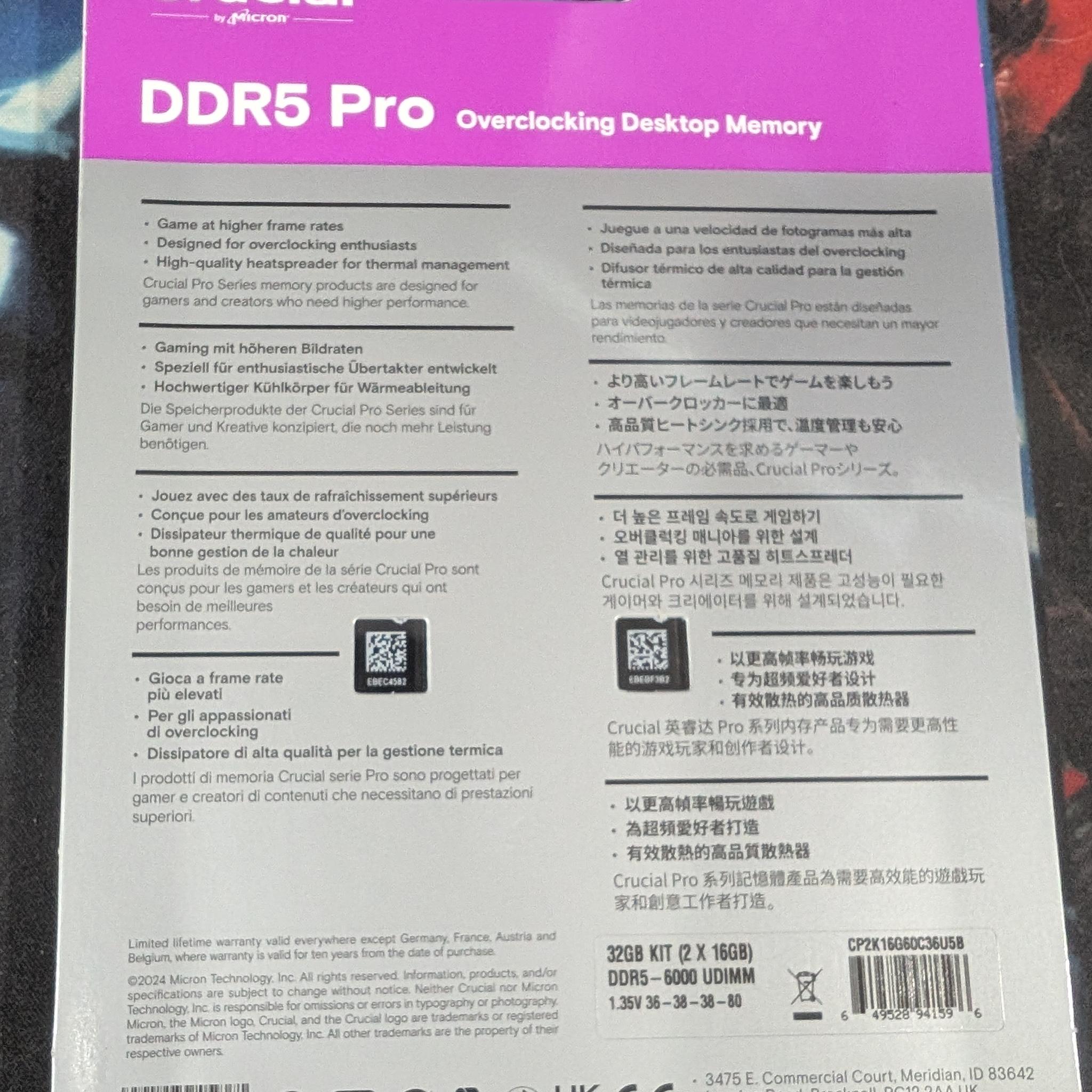 New In Box - Crucial Pro Overclocking 32GB DDR5-6000 CL36 Dual Channel Desktop Memory Kit Black