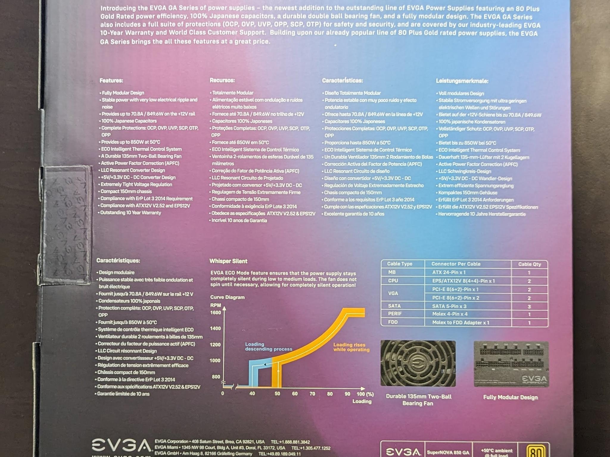 EVGA SuperNOVA 850 GA 850W 80+ Gold Fully Modular ATX PSU