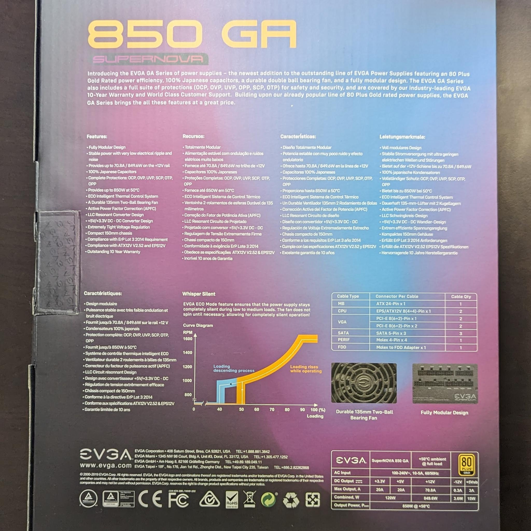 EVGA SuperNOVA 850 GA 850W 80+ Gold Fully Modular ATX PSU