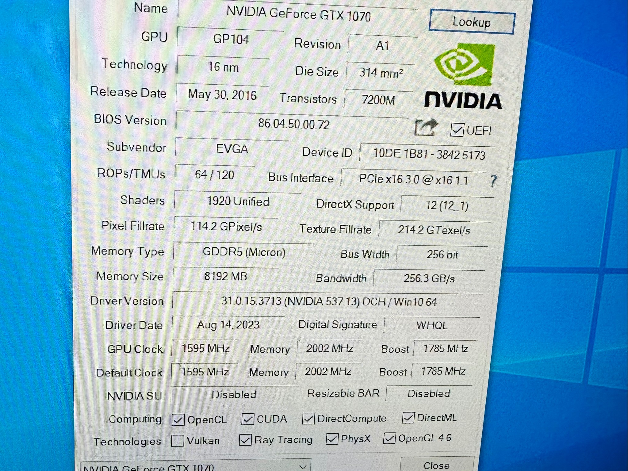 EVGA GeForce GTX 1070 8GB