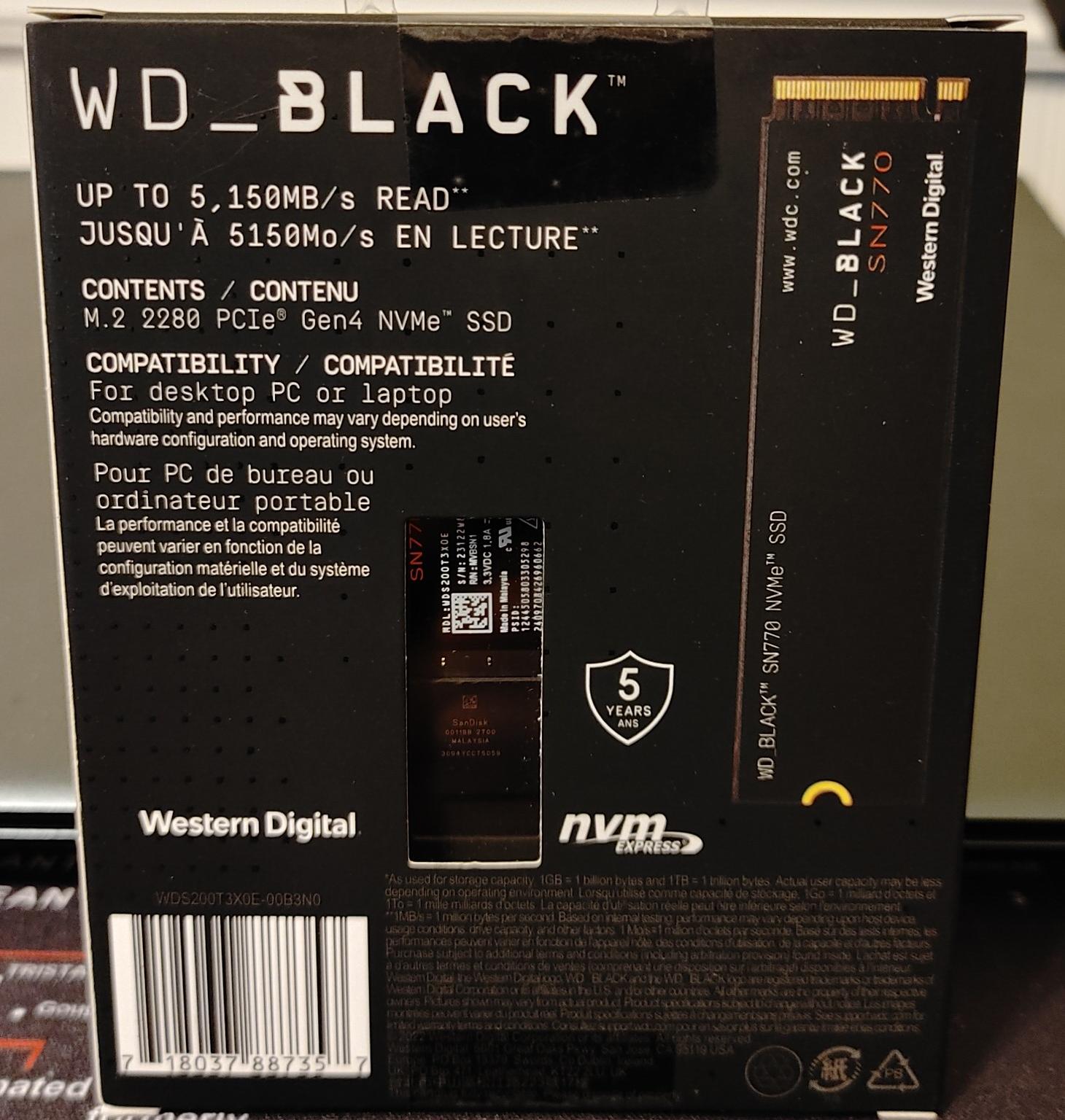Western Digital WD Black SN770 NVME Gen 4 SSD 2TB Brand New
