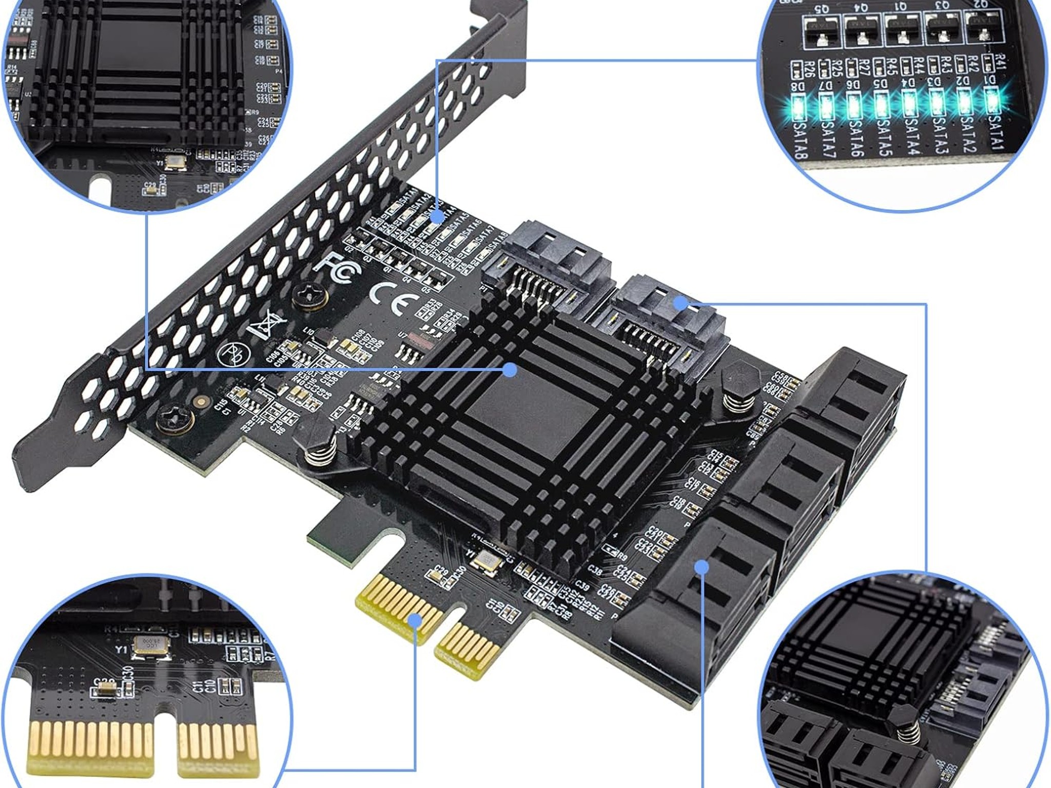 PCIe 8-Port SATA Controller Card 6 Gbps Windows, MAC, Linux w/ 8 SATA Cables & Low Profile Bracket