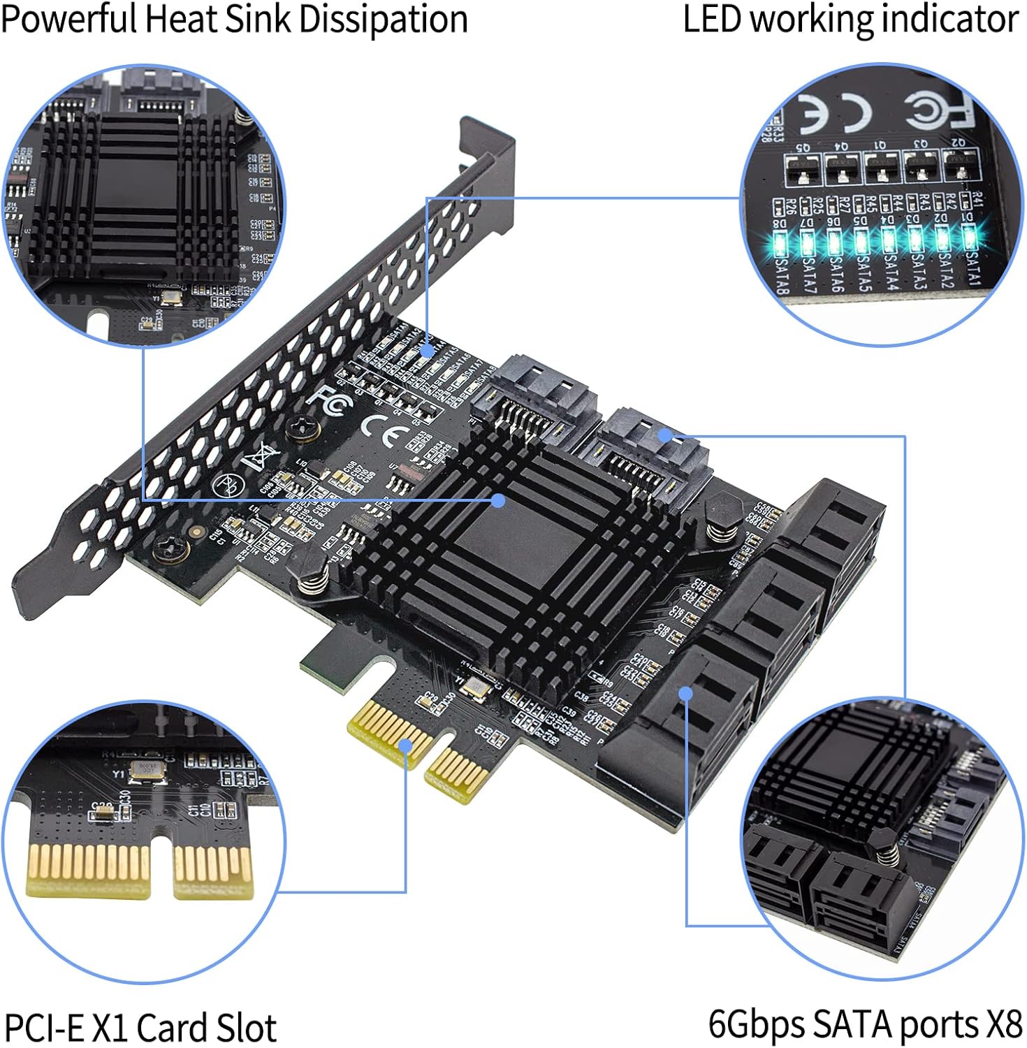 PCIe 8-Port SATA Controller Card 6 Gbps Windows, MAC, Linux w/ 8 SATA Cables & Low Profile Bracket